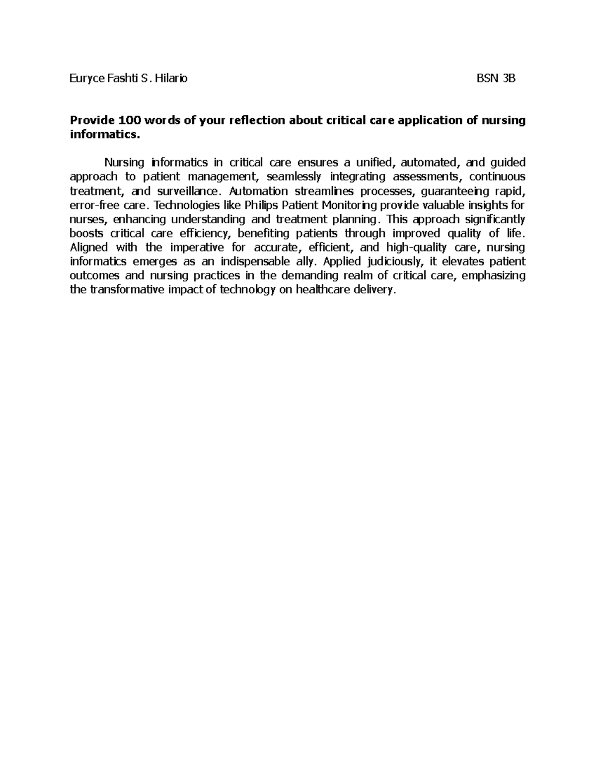 Hilario Reflection on Critical Care Applications of Nursing Informatics ...