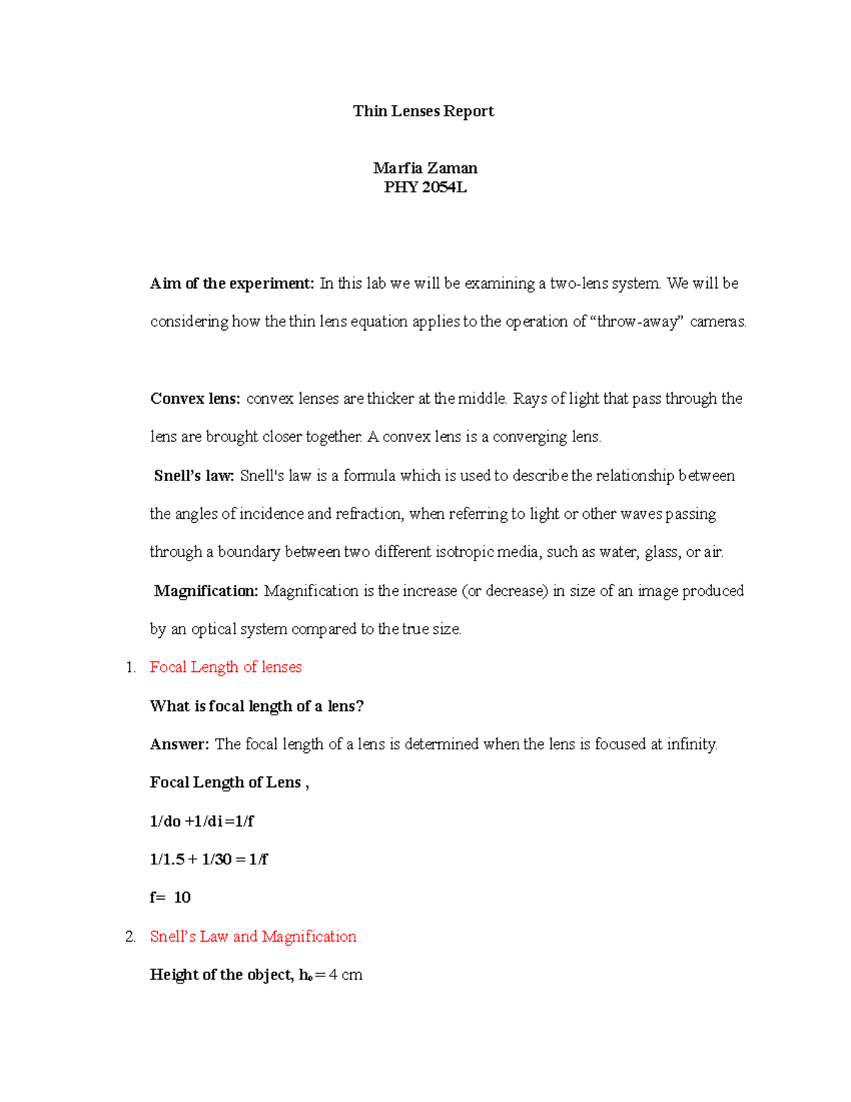 Thin Lenses Report Thin Lenses Report Marfia ZamanPHY 2054L Aim of