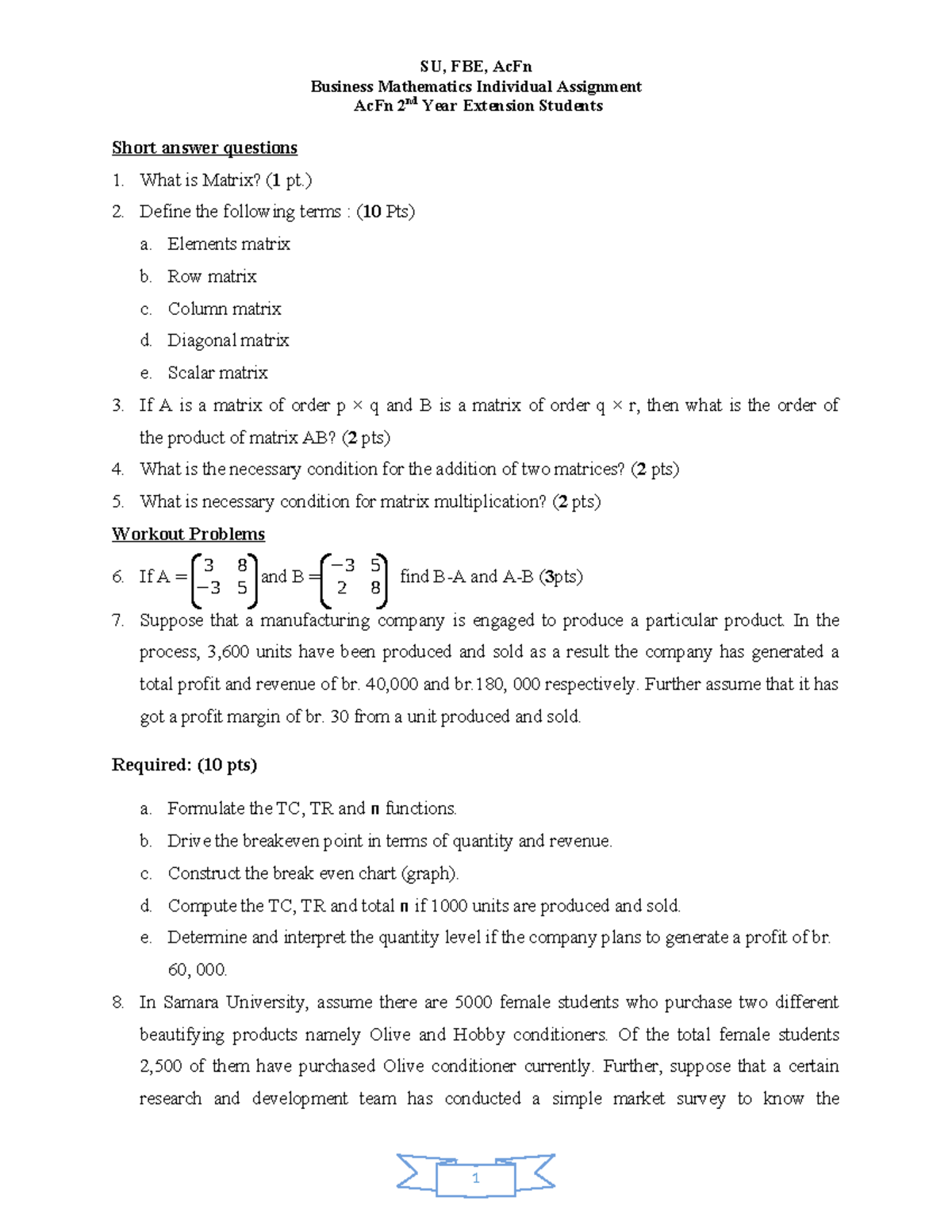 Maths Assignment - 1 SU, FBE, AcFn Business Mathematics Individual ...