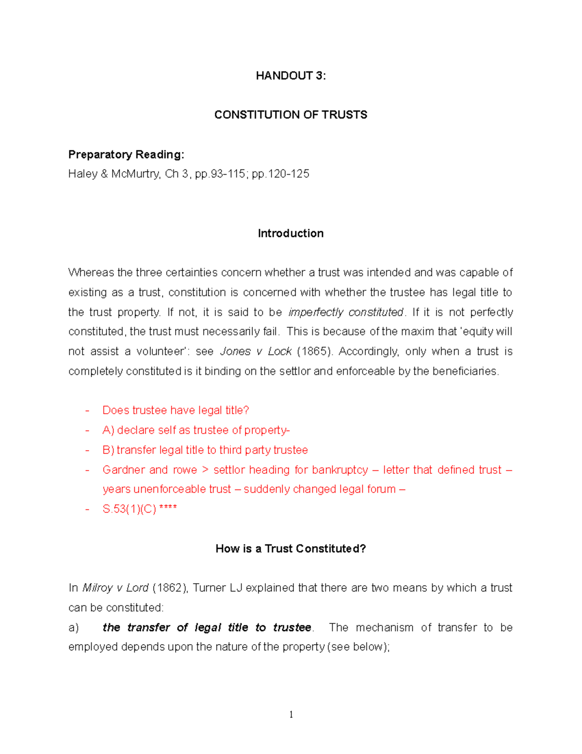 Equity 3 Handout Constitution - HANDOUT 3: CONSTITUTION OF TRUSTS ...