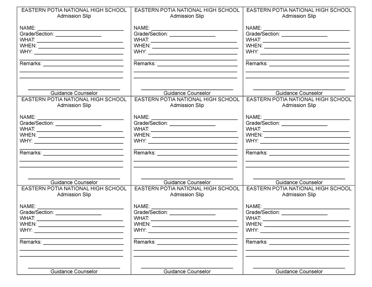 Admission slip - Eastern Potia National High School School Files ...