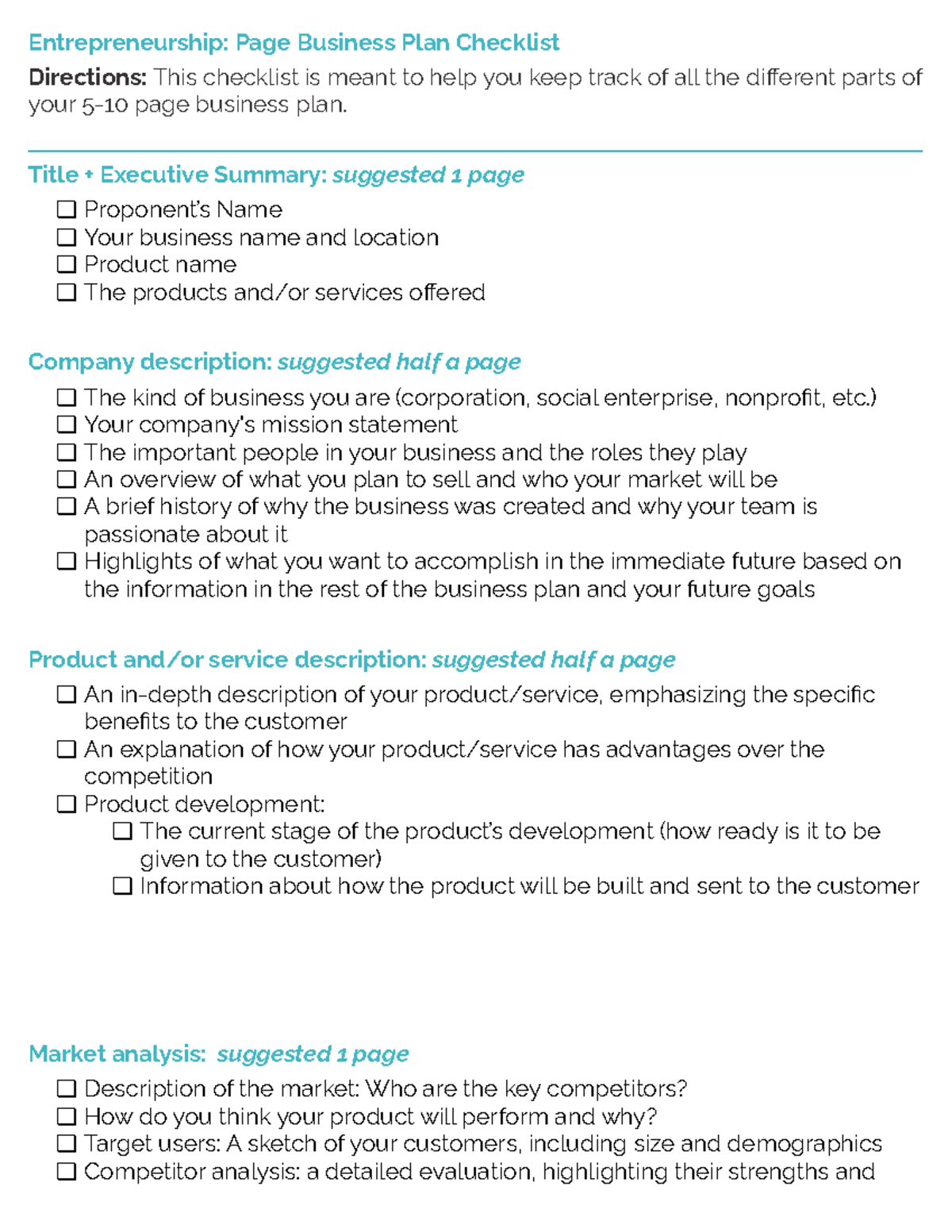 Business Plan Checklist - Entrepreneurship - Entrepreneurship: Page 