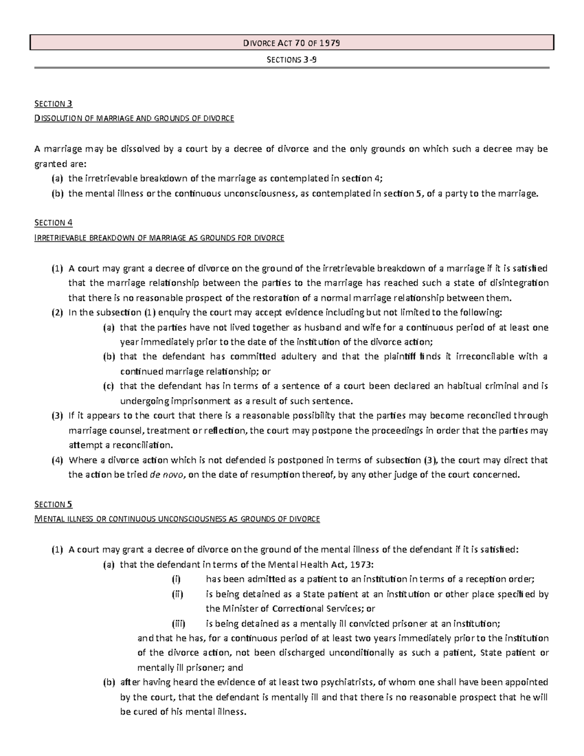 + Divorce Act 70 of 1979 ss 3-9 - DIVORCE ACT 70 OF 1979 SECTIONS 3-9 ...