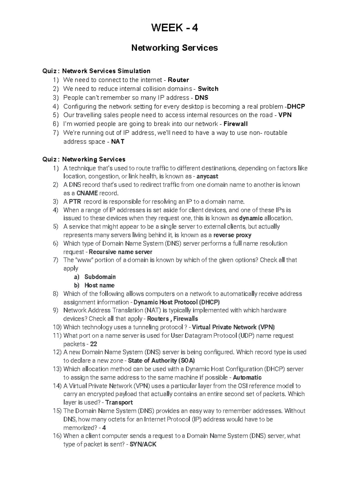 Week 4 Graded Quiz Answers WEEK 4 Networking Services Quiz