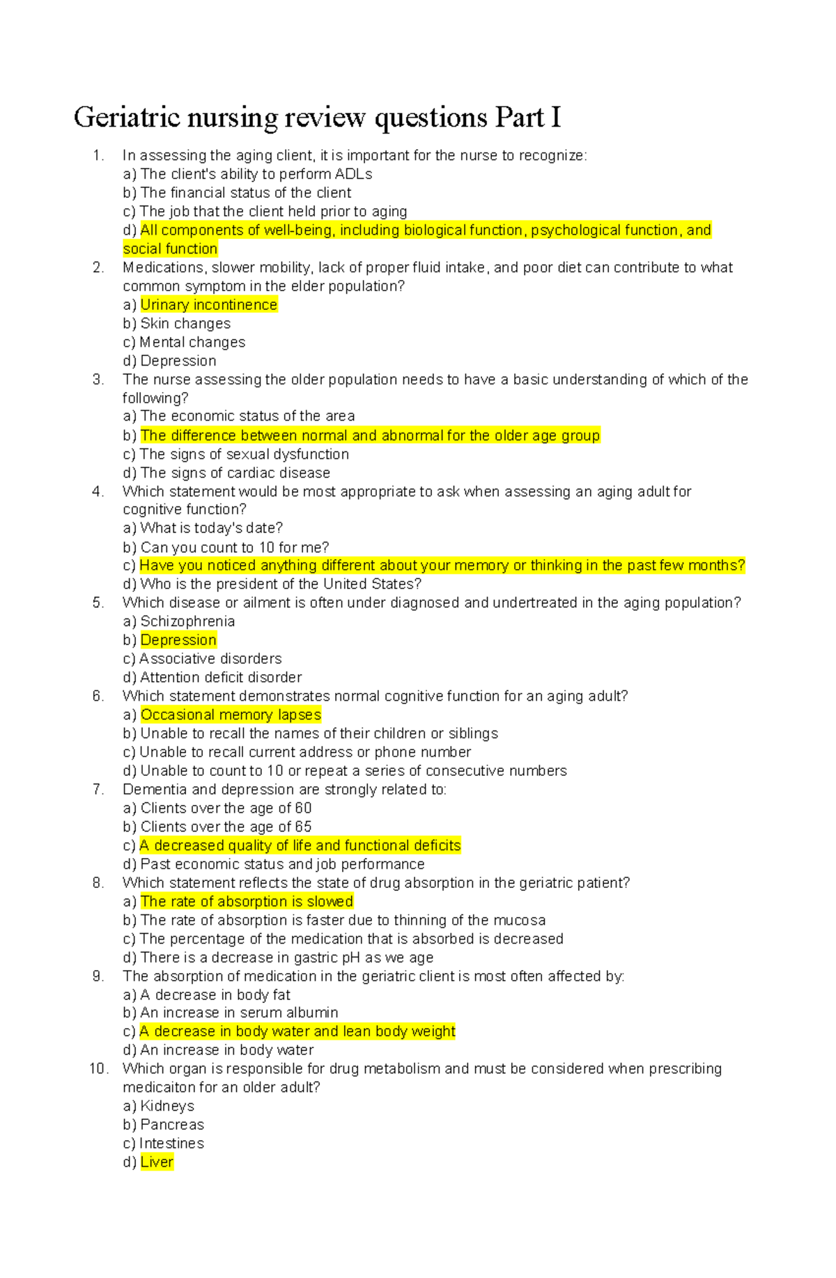 Scribfree - fundaa - Geriatric nursing review questions Part I In ...