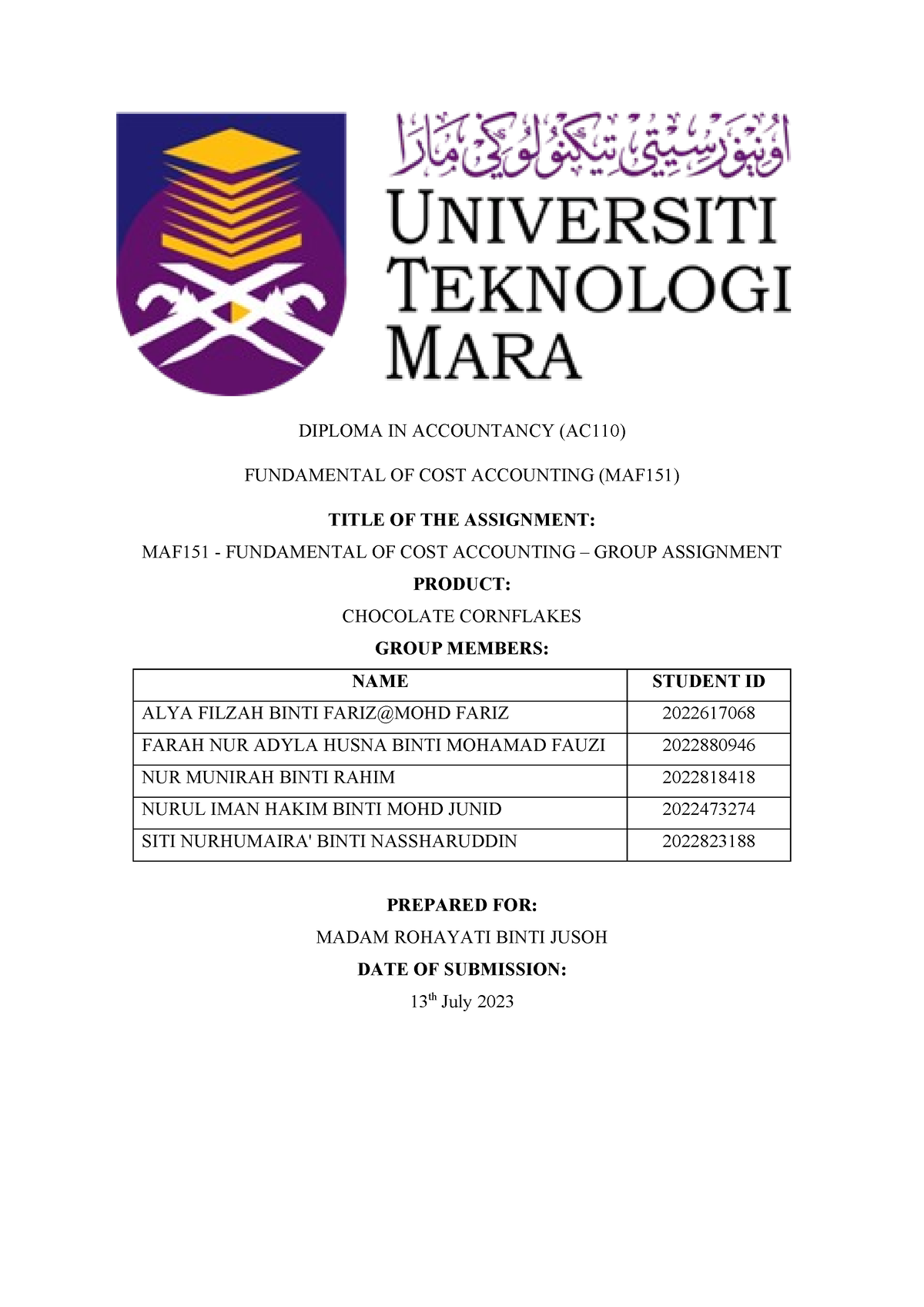 Group Assignment MAF151 - DIPLOMA IN ACCOUNTANCY (AC110) FUNDAMENTAL OF ...