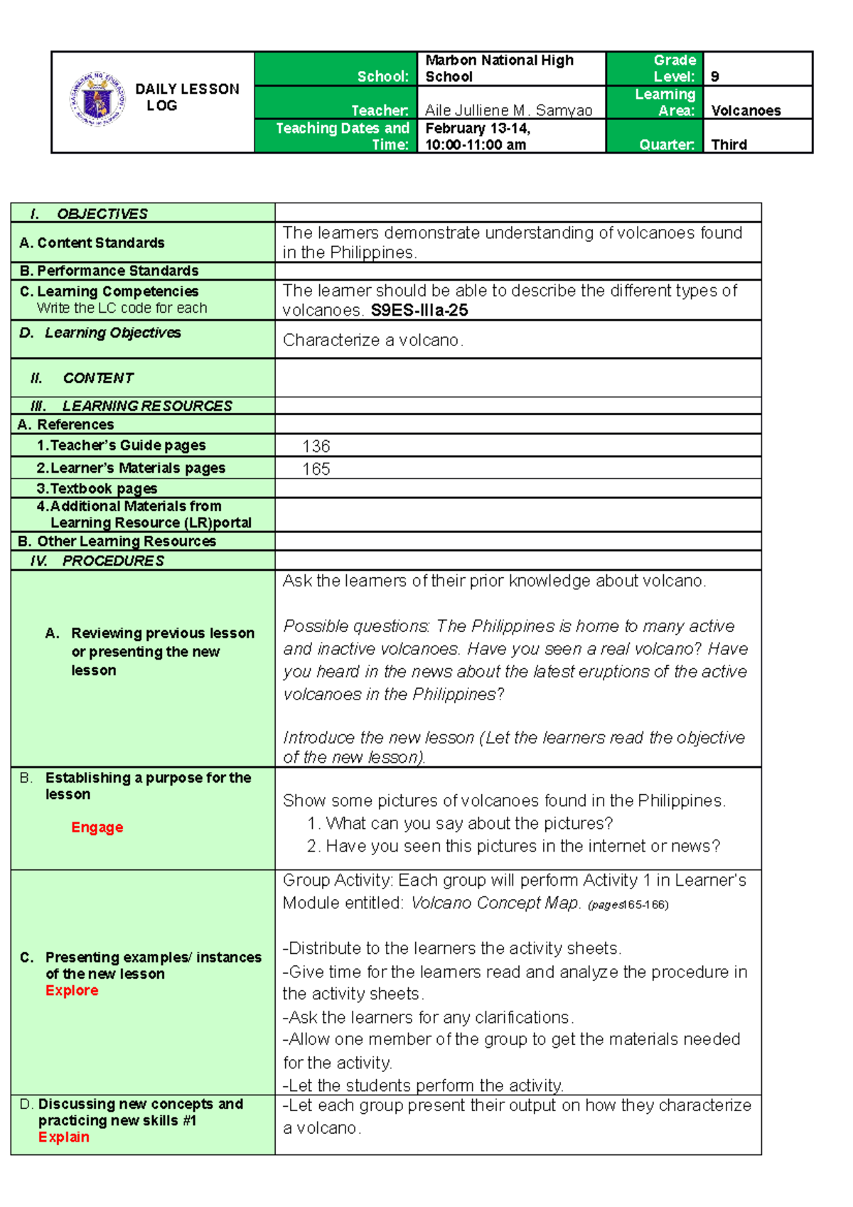 Science 9-DDL1 - DAILY LESSON LOG School: Marbon National High School ...