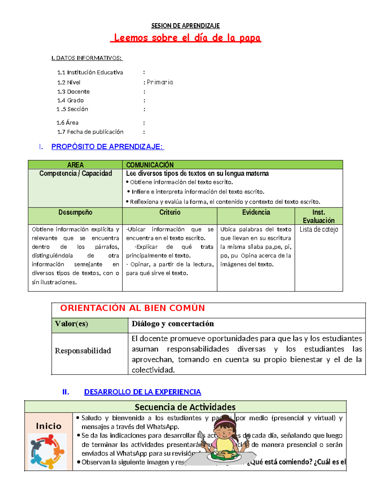 Sesión DÍA DE LA PAPA - sesion de clase - SESION DE APRENDIZAJE Leemos ...
