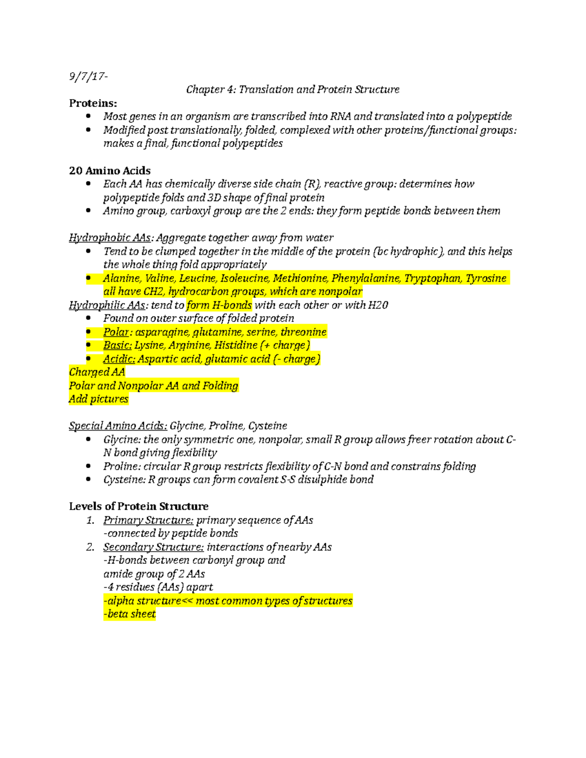 BIOL 151 Chapter 4 Lecture Notes - 9/7/17Chapter 4: Translation and ...