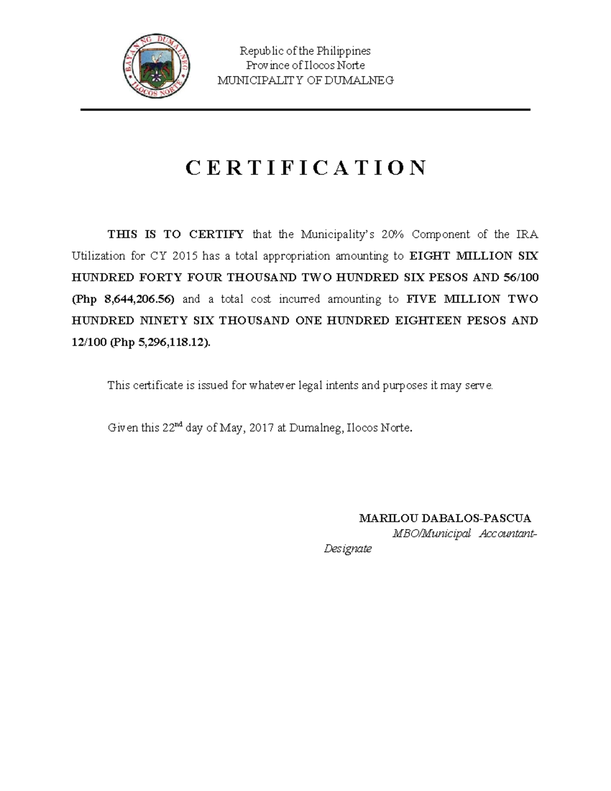 Certification COA - EXAMPLES ONLY - Province of Ilocos Norte ...