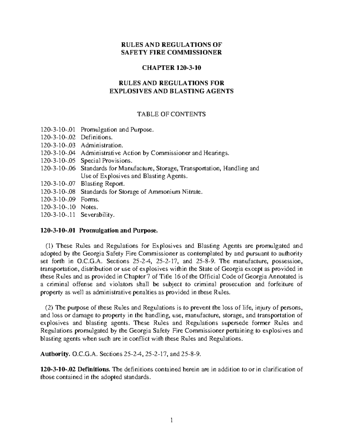 120310 Explosives and Blasting Agents RULES AND REGULATIONS OF