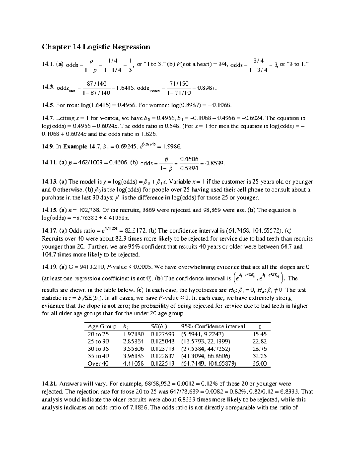 Chapter 14 Solutions odd - Chapter 14 Logistic Regression (a) odds 1/ 4 ...