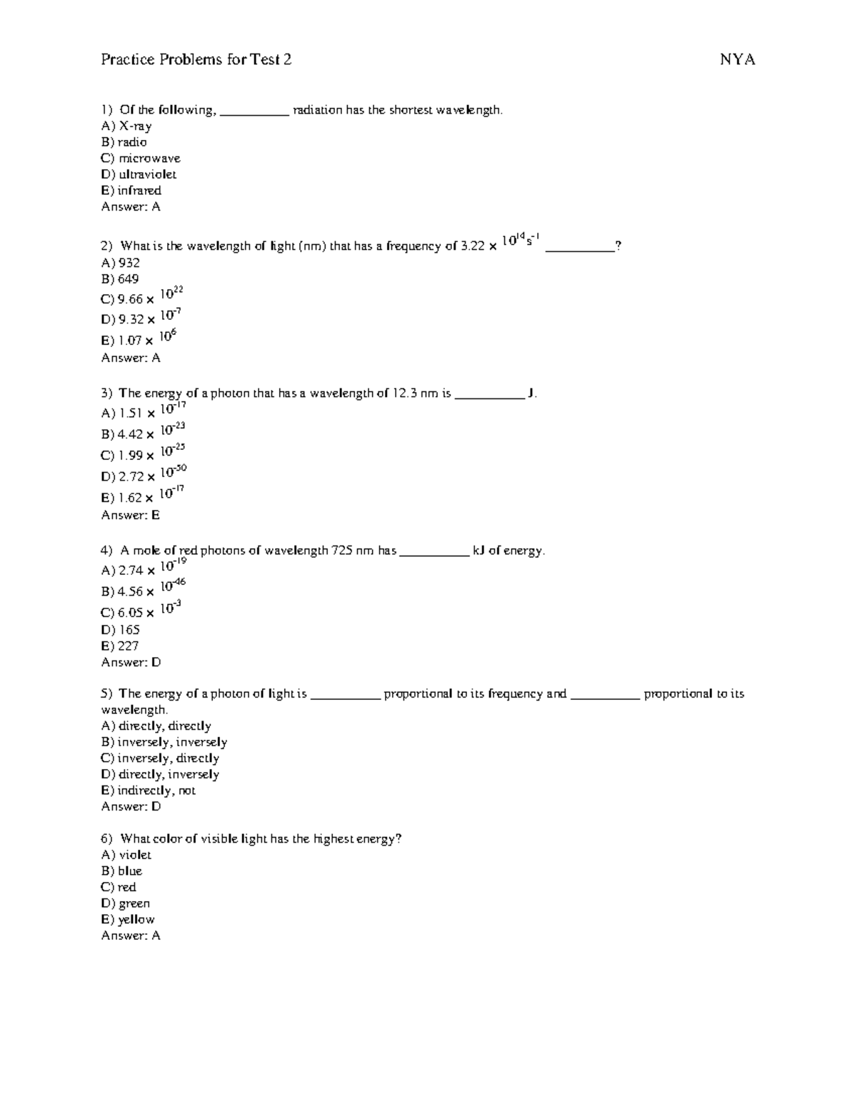 Practice problems for Test 2 - 1 ) Of the following ...