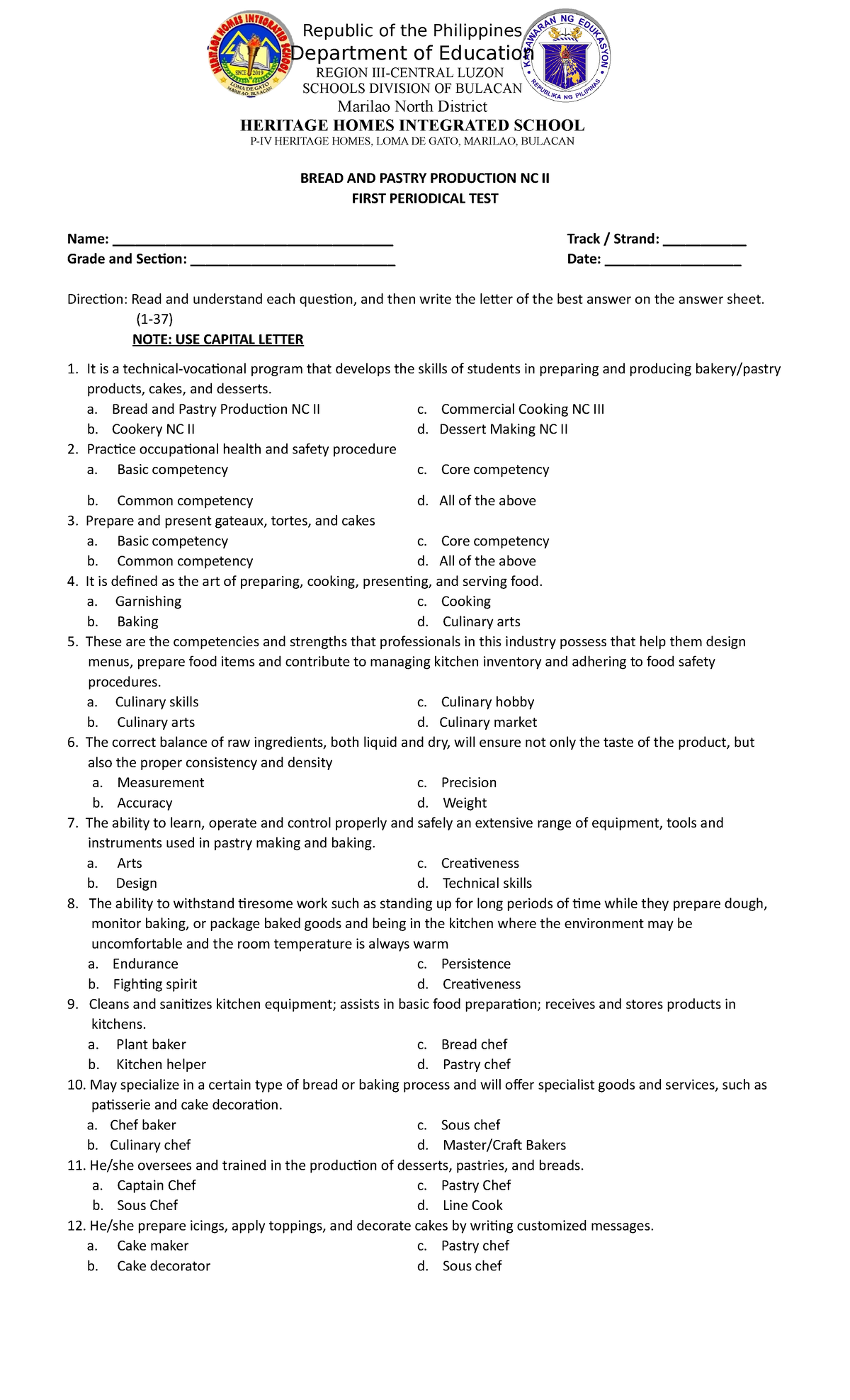 1st Quarter Test BPP NC II BREAD AND PASTRY PRODUCTION NC II FIRST