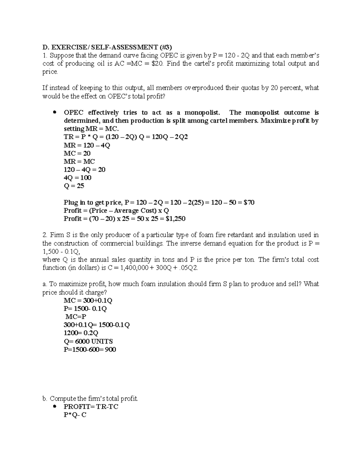 2ND- Managerial- Economics - D. EXERCISE/ SELF-ASSESSMENT (#3) Suppose ...