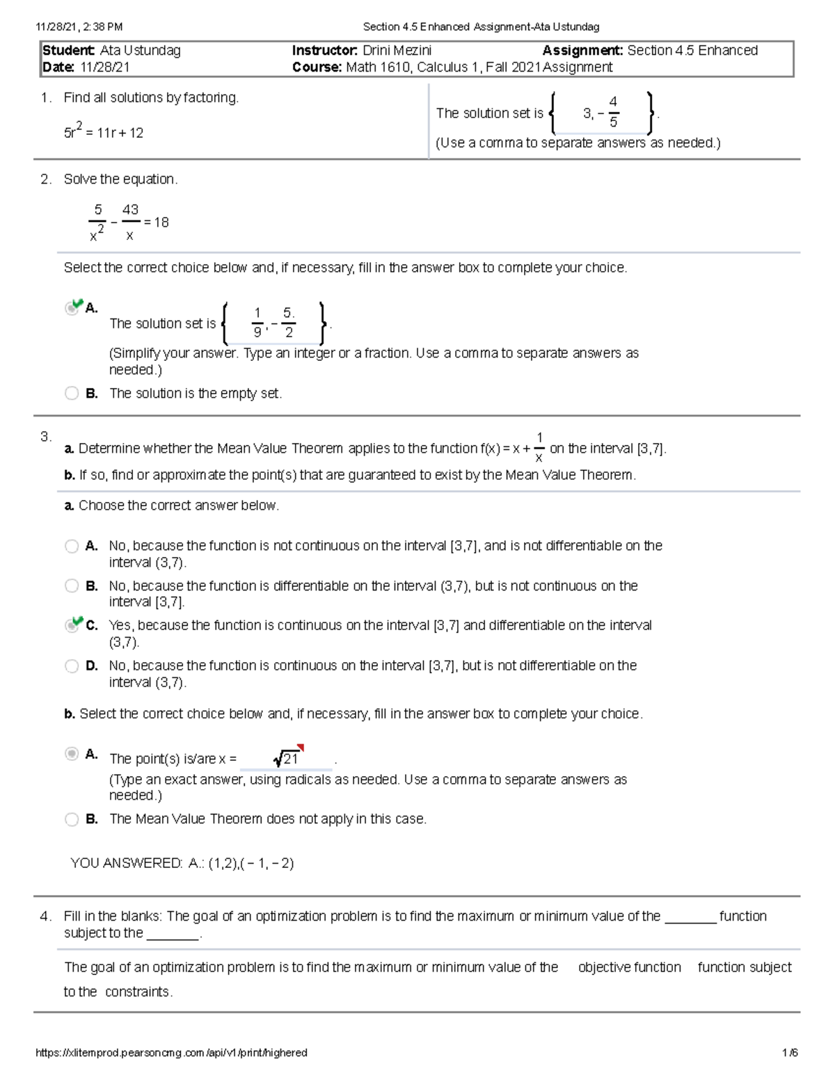 Section 4.5 Enhanced Assignment-Ata Ustundag - 1. 2. 3. 4. Student: Ata ...