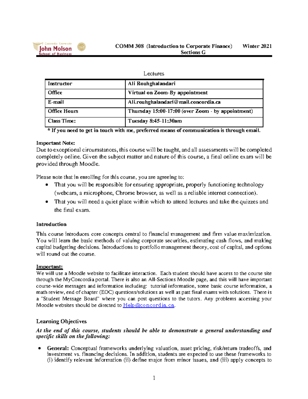 comm 308 course outline - COMM 308 (Introduction to Corporate Finance ...