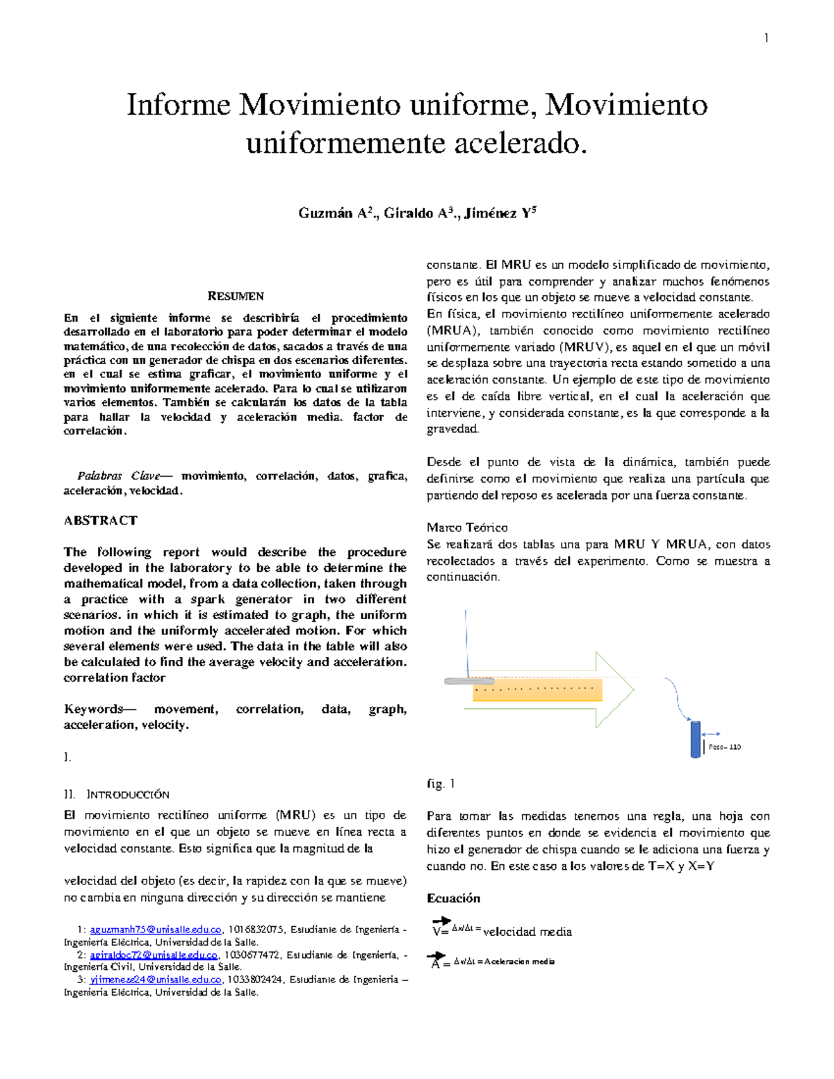 Informe De Fisica Movimiento Resumen En El Siguiente Informe Se