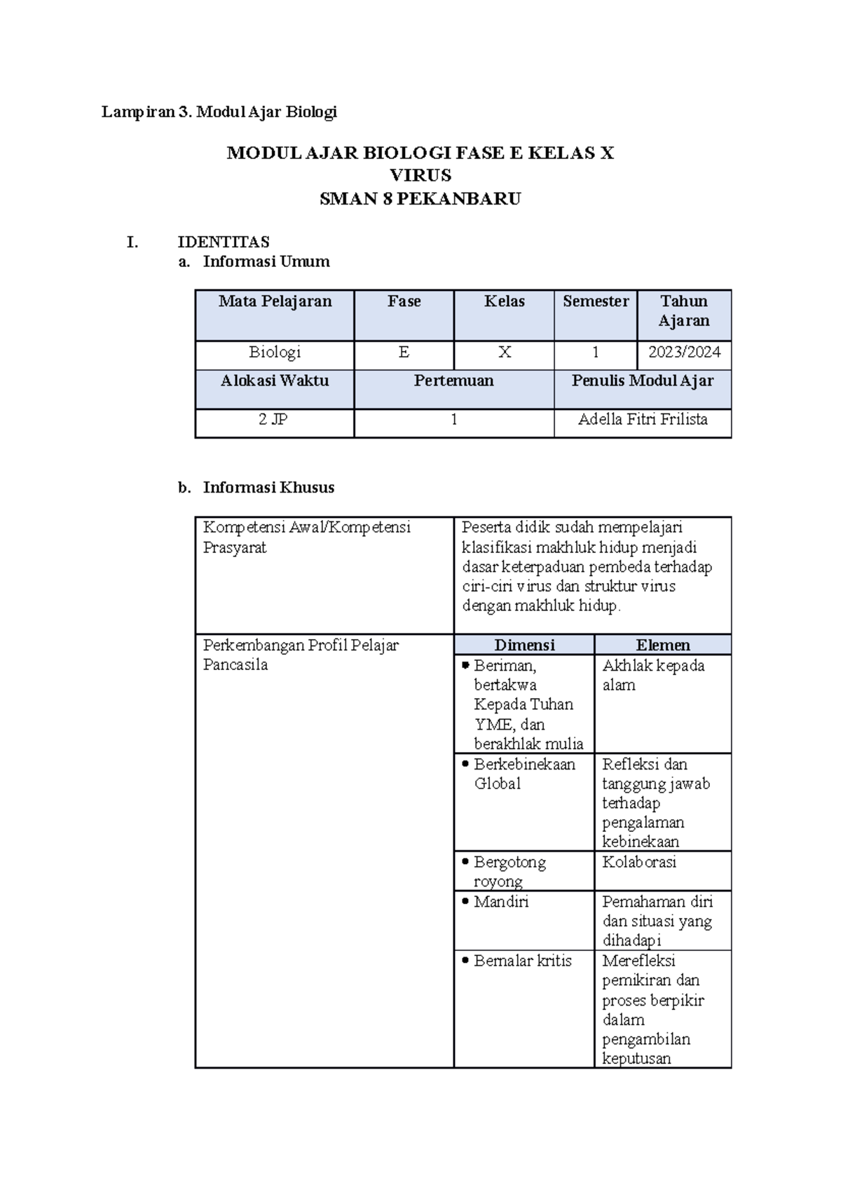 Modul AJAR Virus DELA - biologi - Lampiran 3. Modul Ajar Biologi MODUL ...