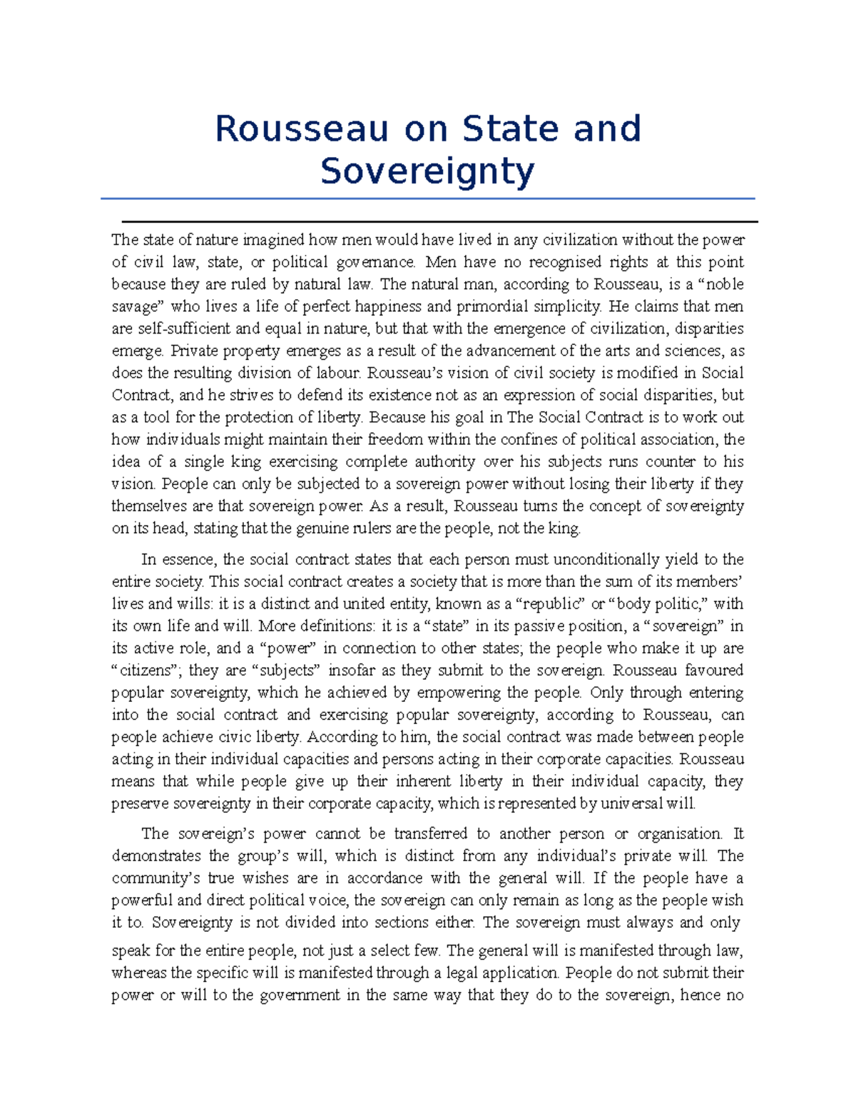 Rousseau on State and Sovereignty Rousseau on State and Sovereignty