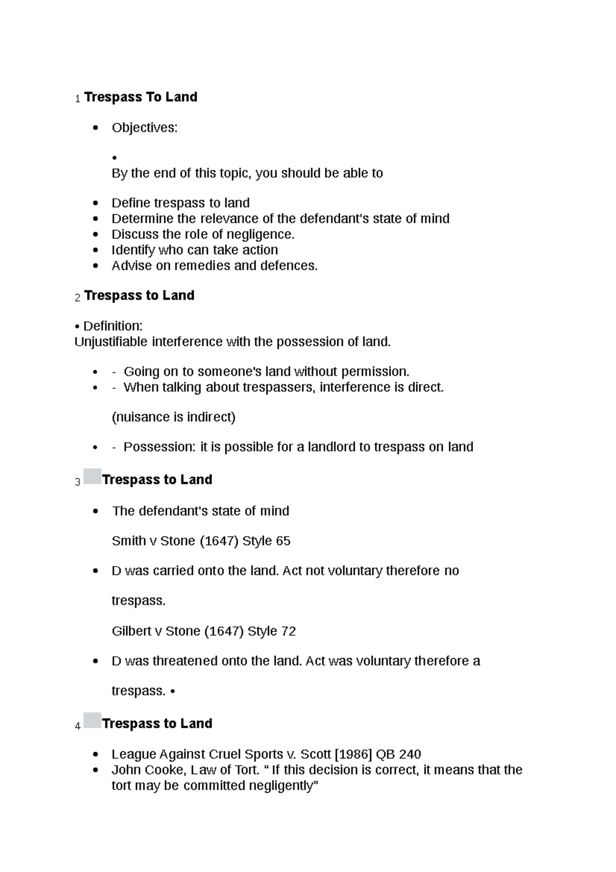 1 Trespass To Land with remedies and defences 1 Trespass To Land