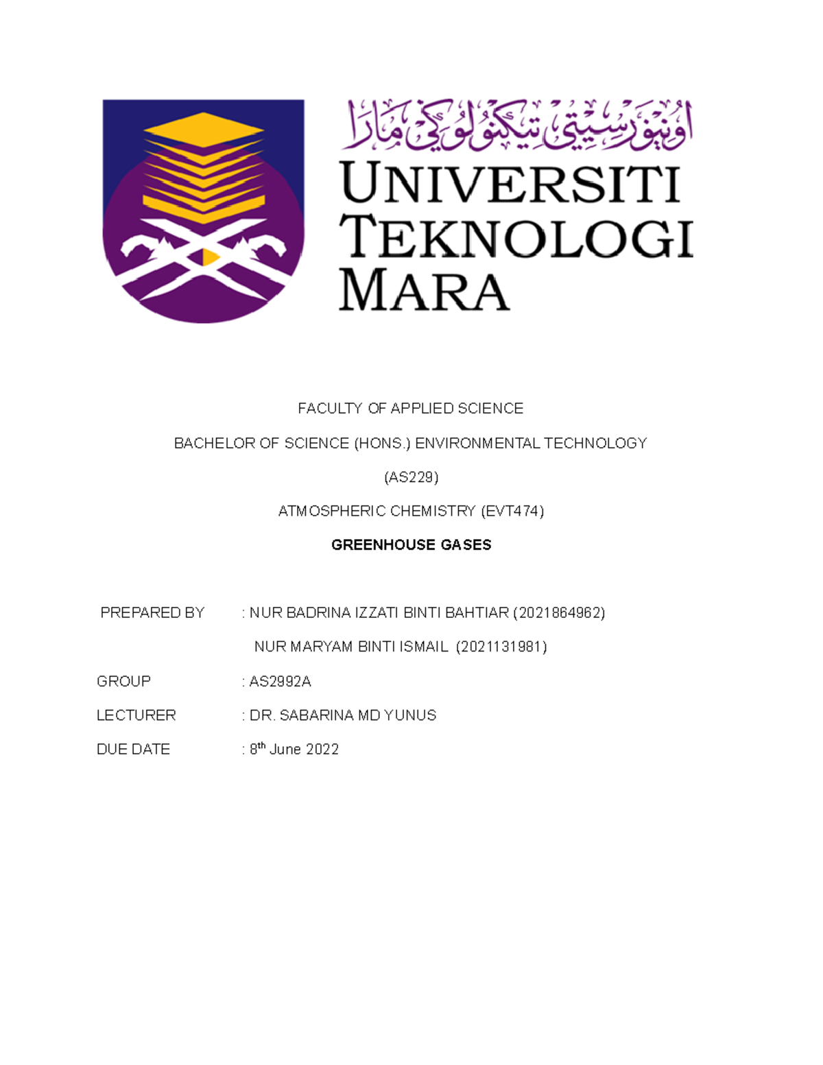 Green House Written Assignment EVT474 - FACULTY OF APPLIED SCIENCE ...