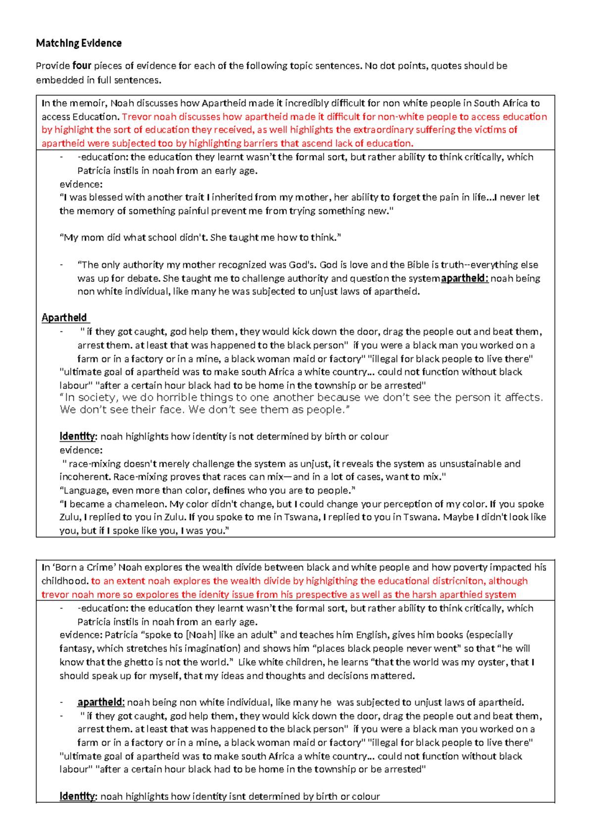 12.Matching Evidence activity - Matching Evidence Provide four pieces ...
