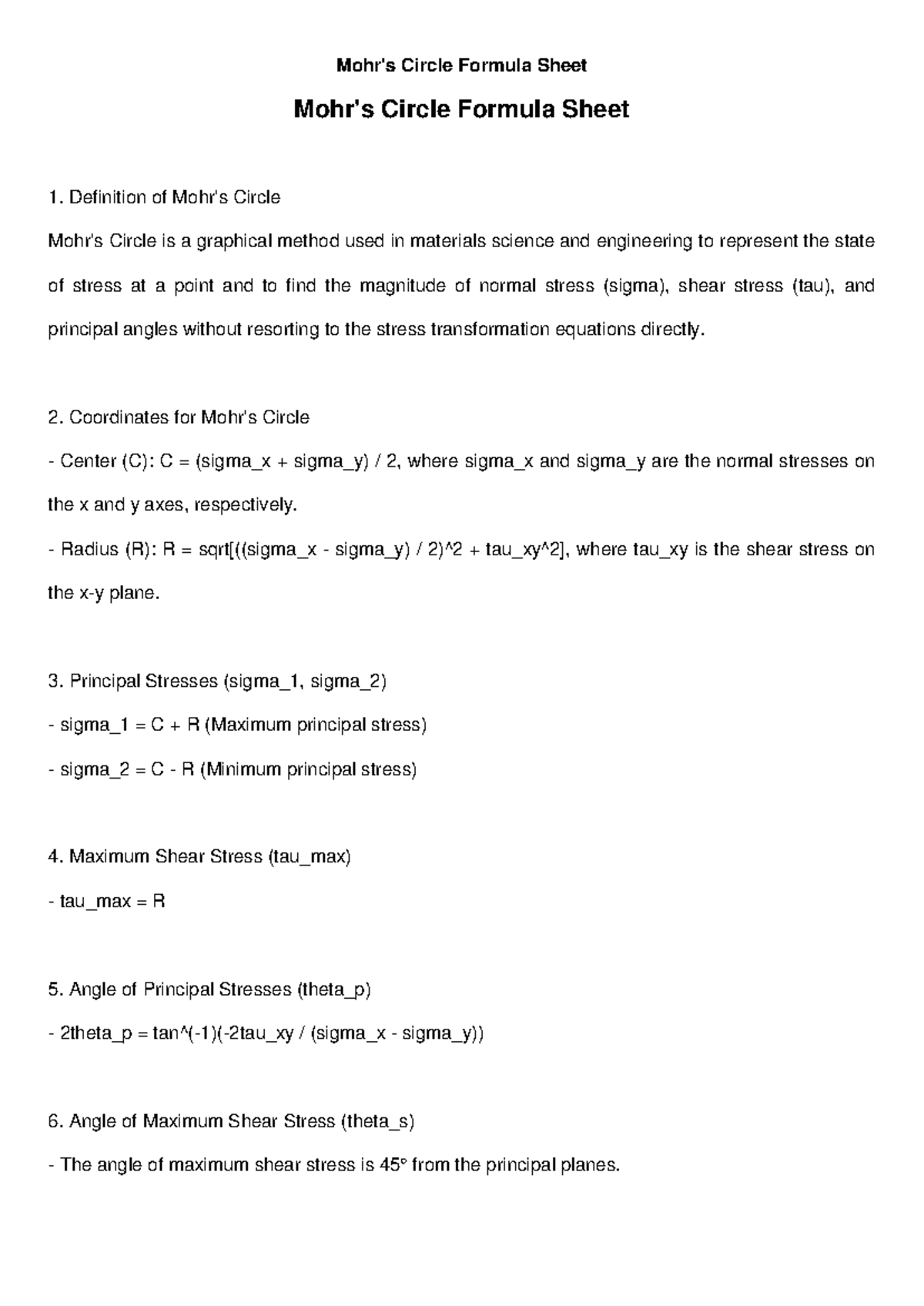 Mohrs Circle Formula Sheet - Mohr's Circle Formula Sheet Mohr's Circle ...