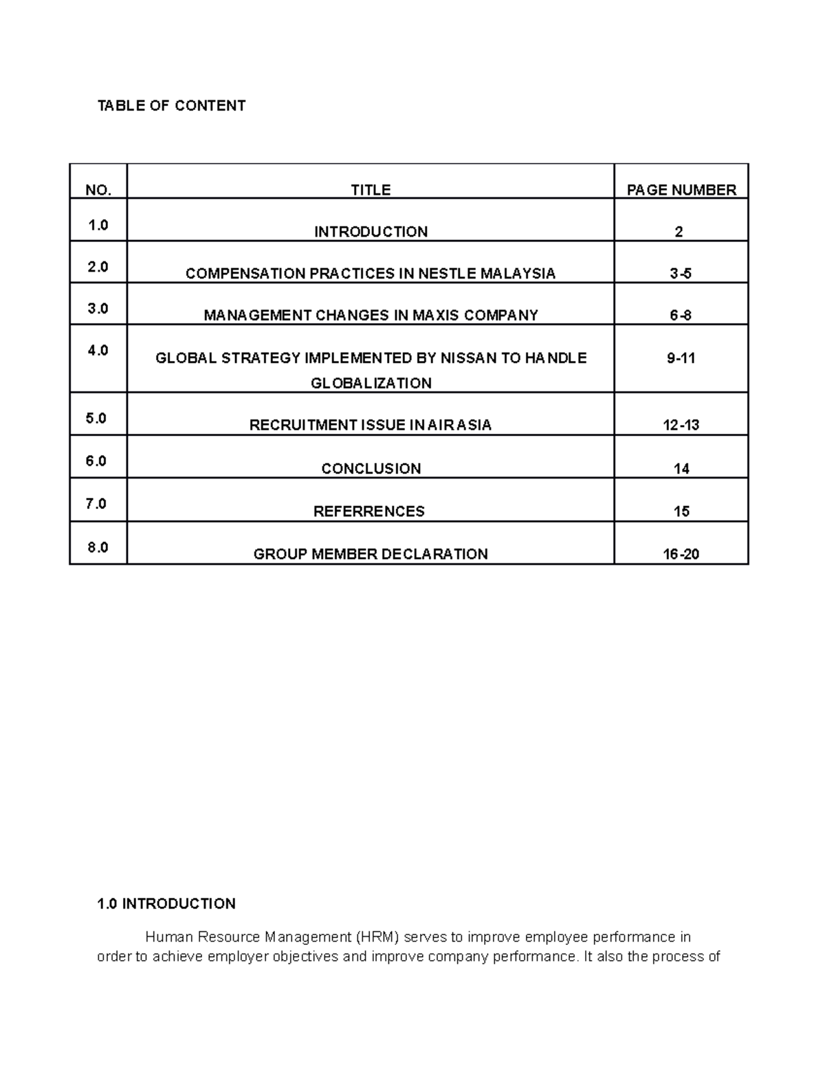 HRM ISSUES IN COMPANIES - TABLE OF CONTENT NO. TITLE PAGE NUMBER 1 ...