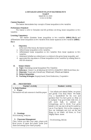 A Detailed Lesson PLAN IN Mathematics 2 - A DETAILED LESSON PLAN IN ...