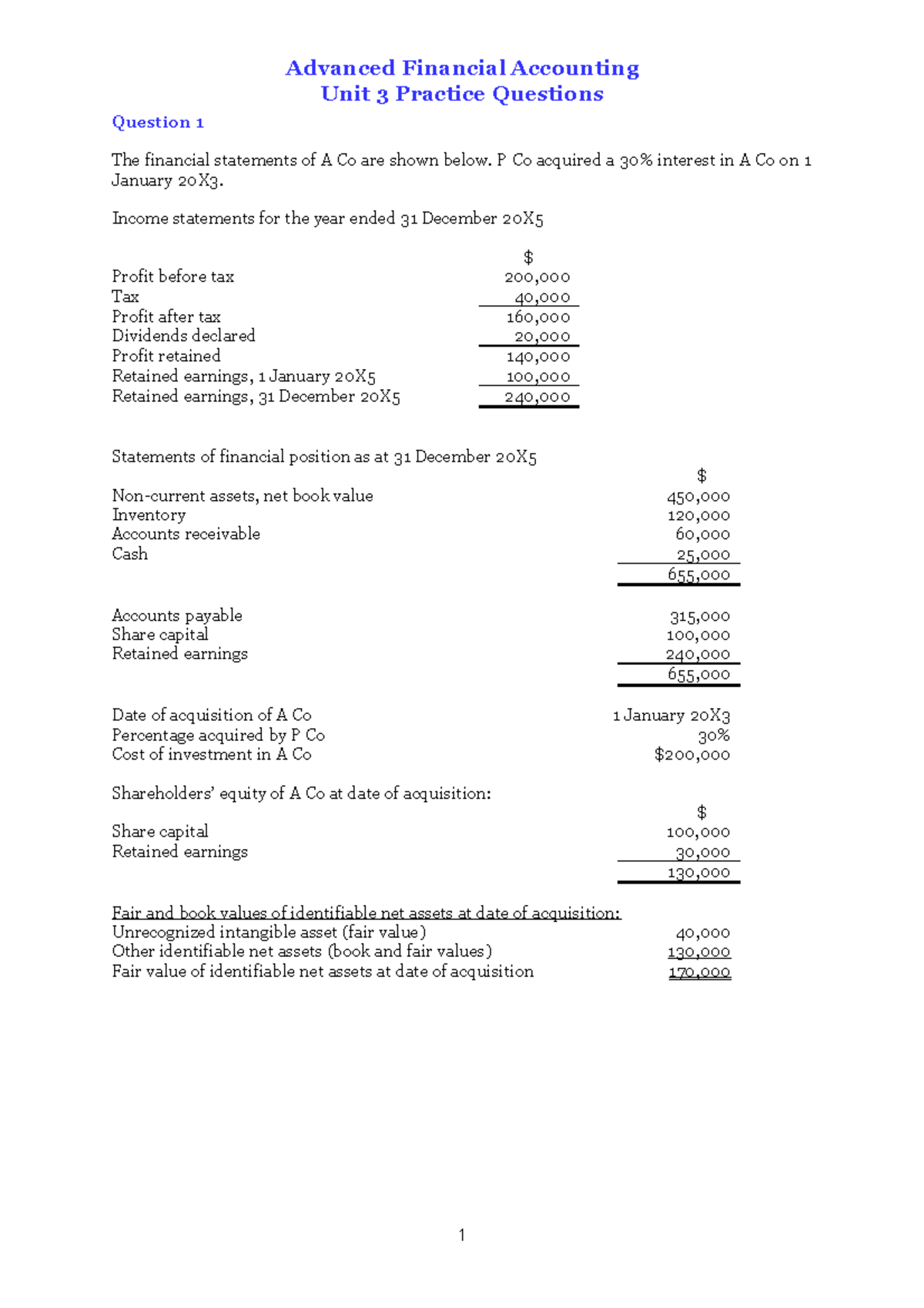 Unit 3 Practice Questions Advanced Financial Accounting Unit 3
