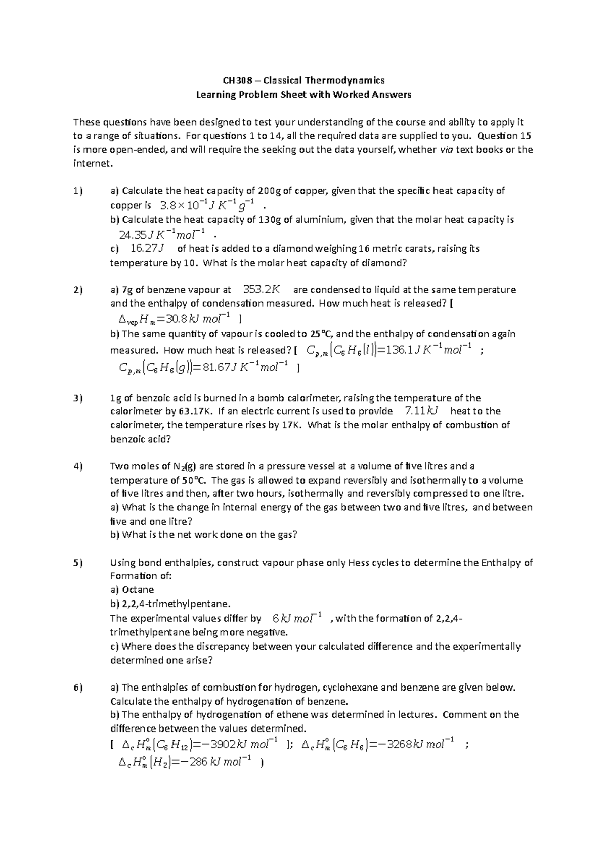 Thermodynamics Questions - CH308 – Classical Thermodynamics Learning ...