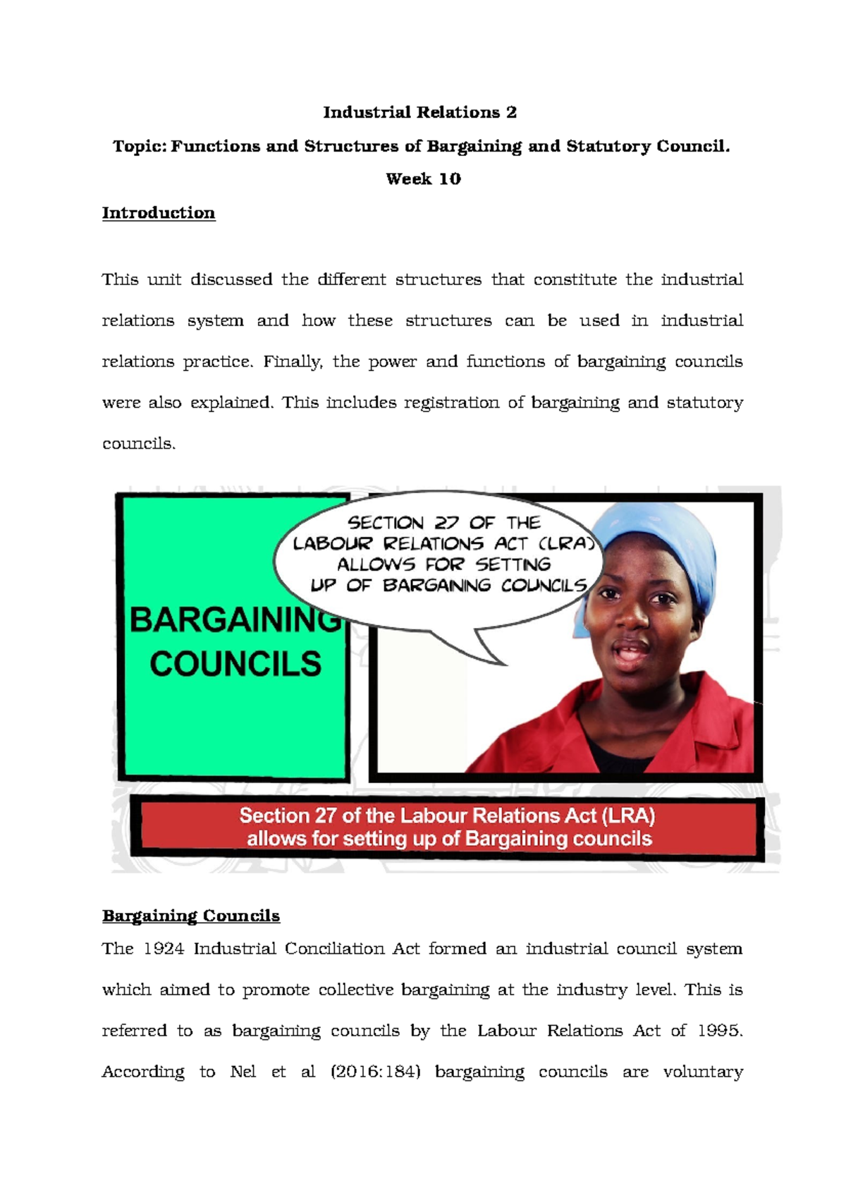 Functions and Structures of Bargaining and Statutory Council. Week 10