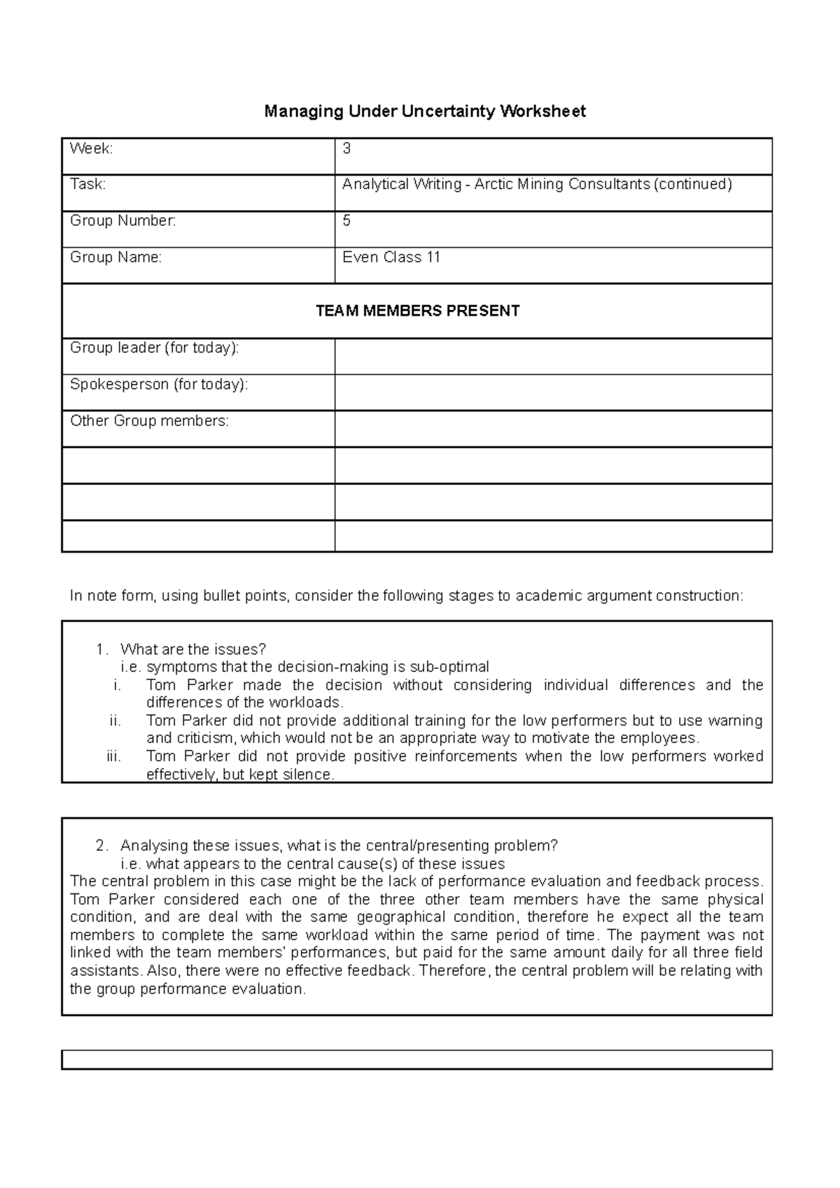 MUU Week 3 Worksheet - CASE - Managing Under Uncertainty Worksheet Week ...