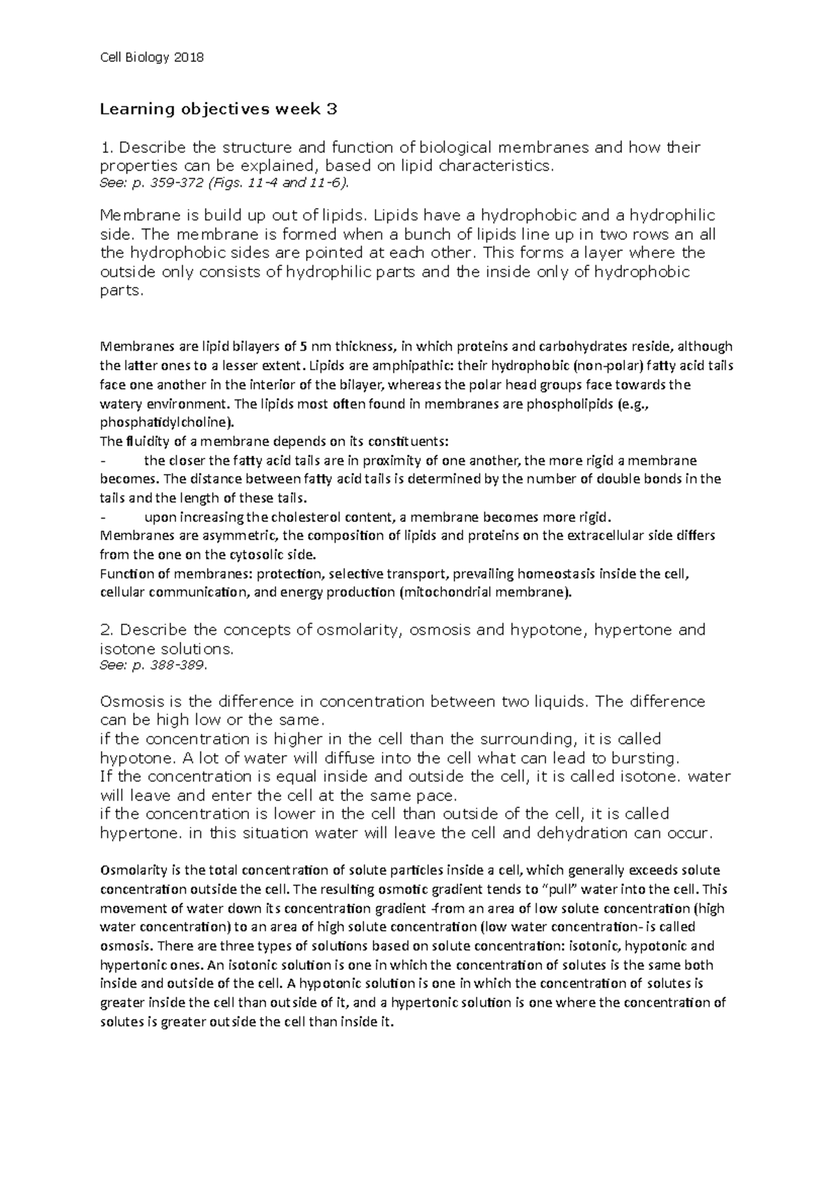 Learning objectives week 3 2018 Cell Biology 2018 Learning objectives