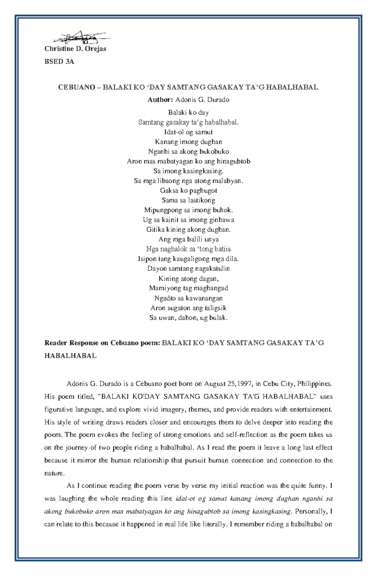 LC Project - Christine D. Orejas BSED 3A CEBUANO – BALAKI KO ‘DAY ...