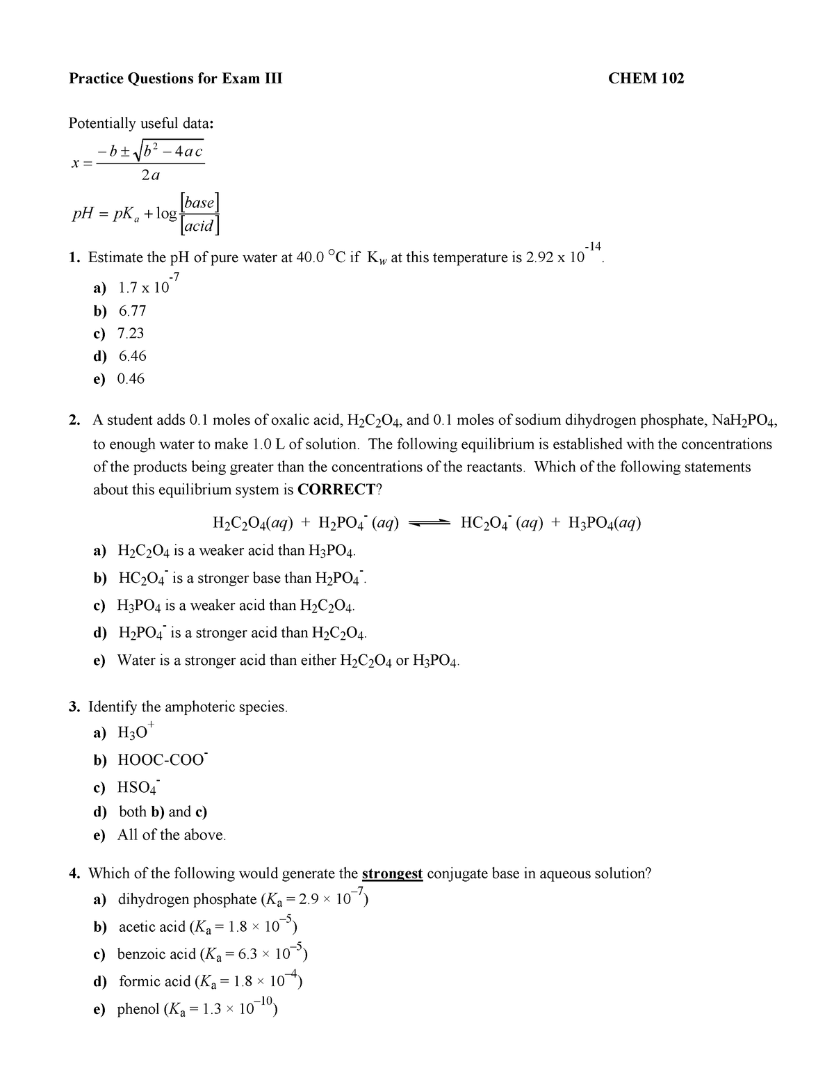 Practice Questions Exam III Chem 102 Winter 2022 - Practice Questions ...