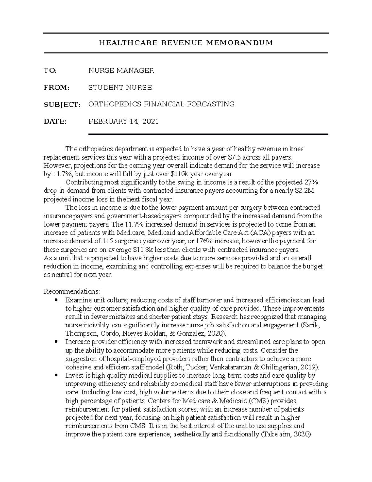Nursing Policy Assignment Financial Rev Memo 021421 HEALTHCARE