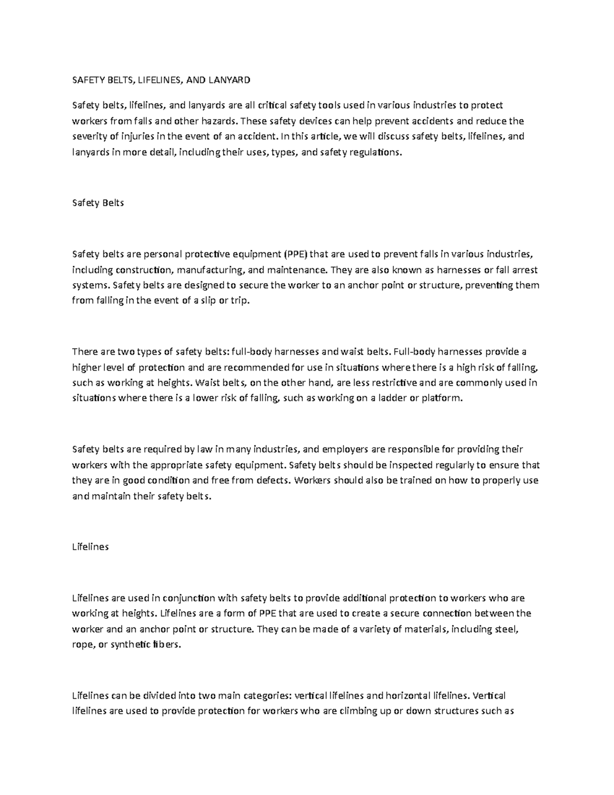 Safety Belts, LWPS Office SAFETY BELTS, LIFELINES, AND LANYARD Safety belts, lifelines, and