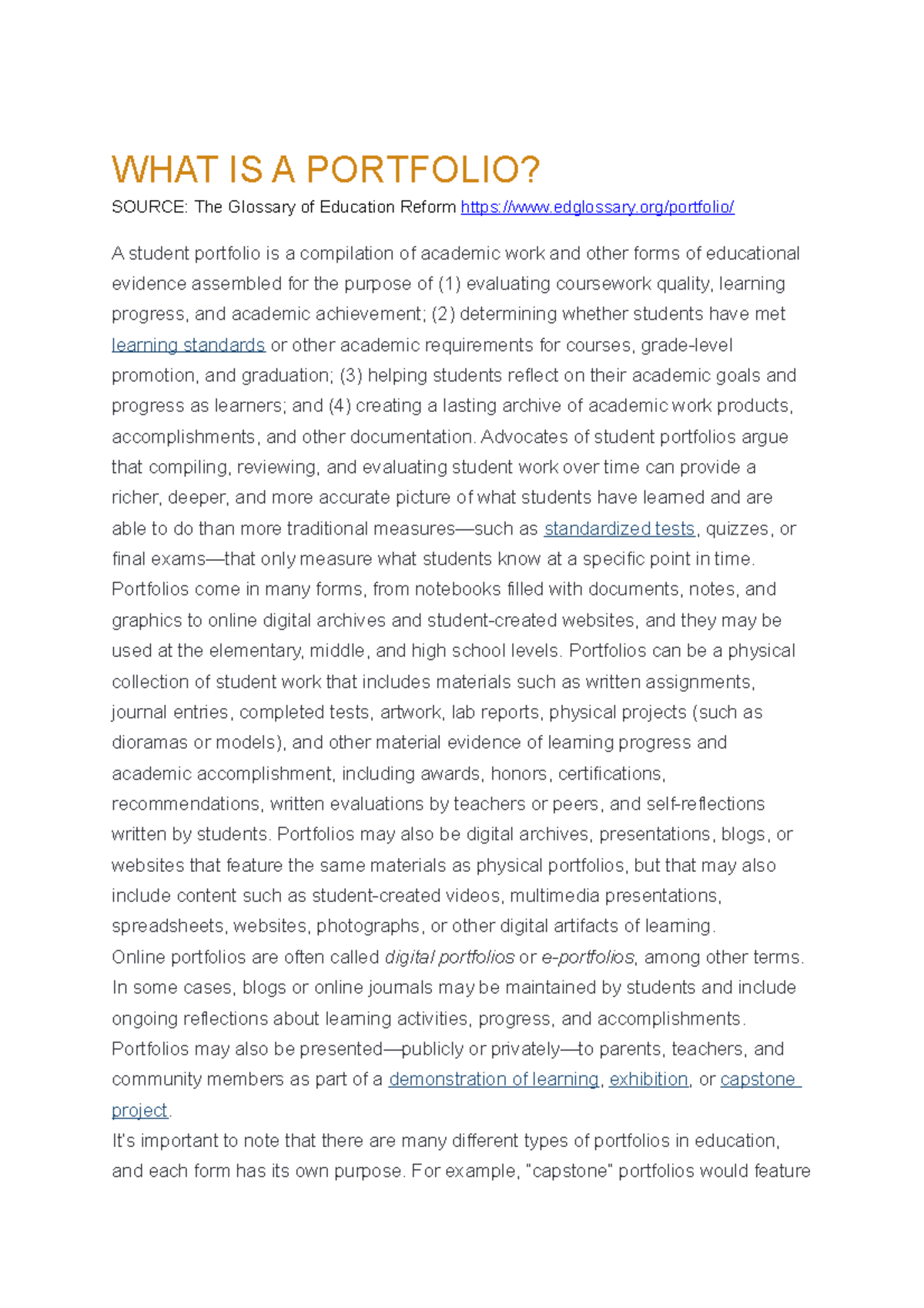 Reading on Portfolios - Lecture notes 1 - WHAT IS A PORTFOLIO? SOURCE ...