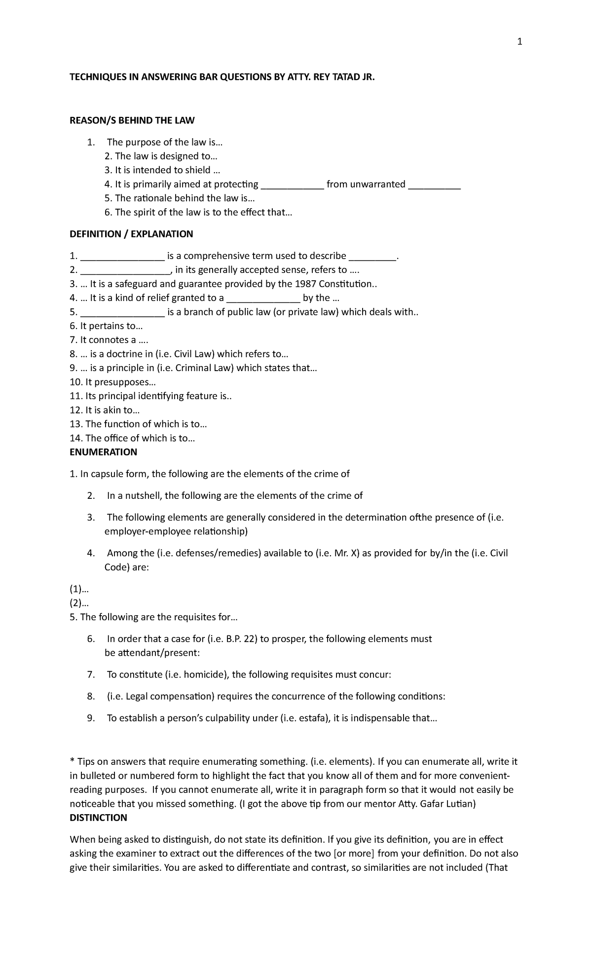 Techniques IN Answering BAR Questions TECHNIQUES IN ANSWERING BAR
