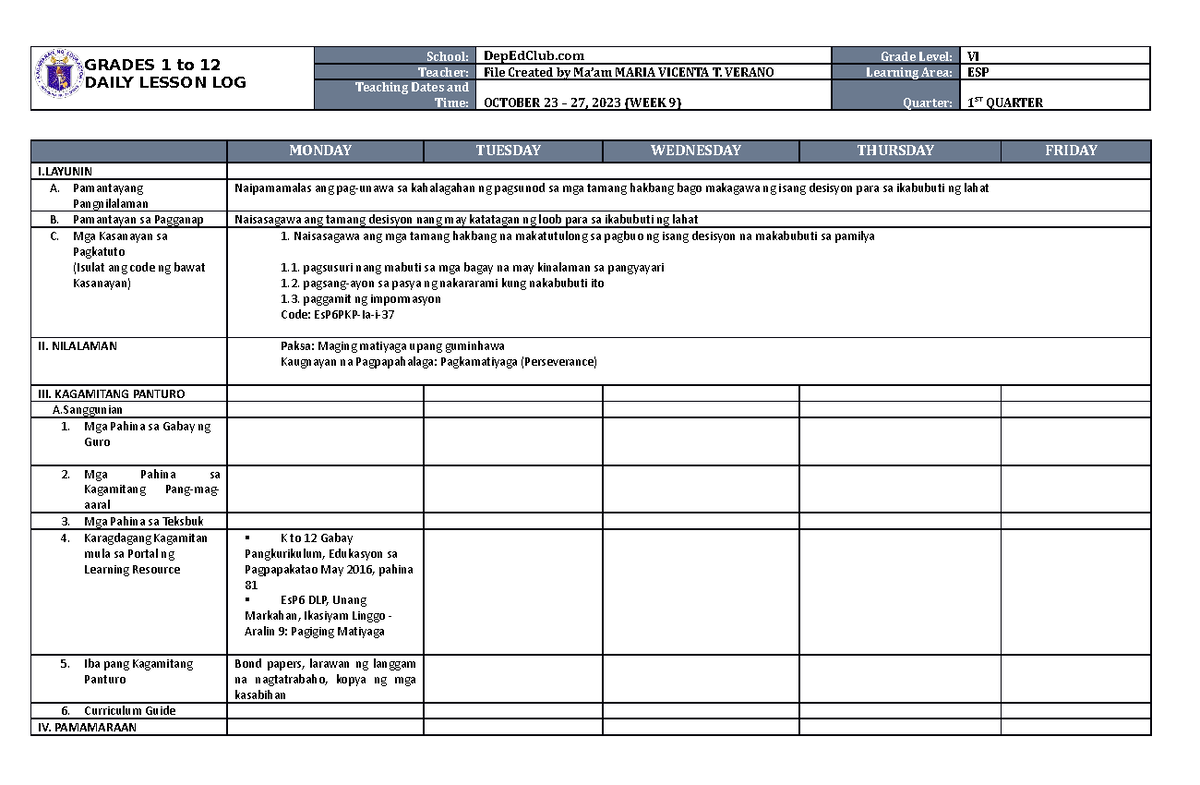 DLL ESP 6 Q1 W9 - DLL ESP 6 Q1 W9 - GRADES 1 to 12 DAILY LESSON LOG ...