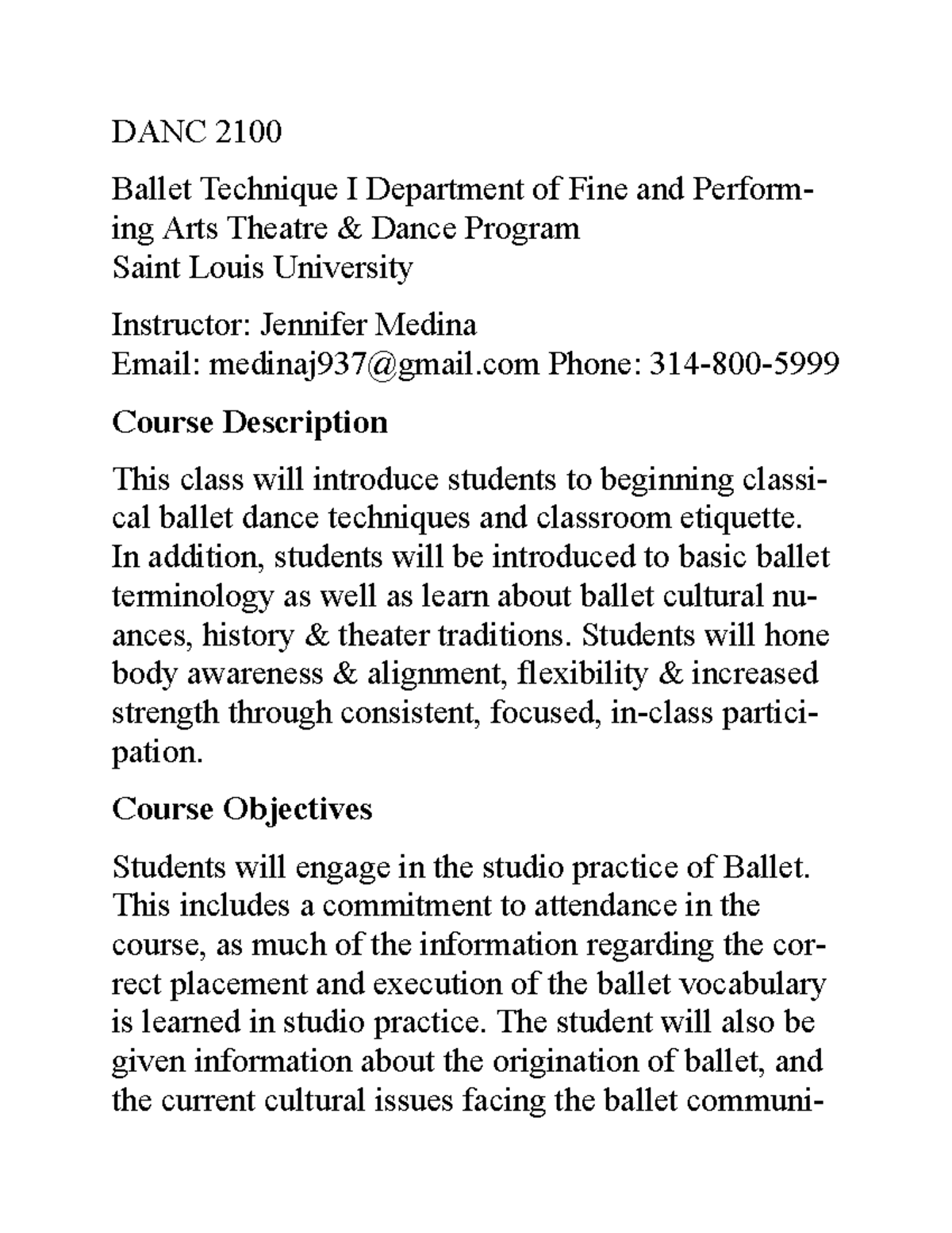 Syllabus Ballet Technique 1 - DANC 2100 Ballet Technique I Department ...