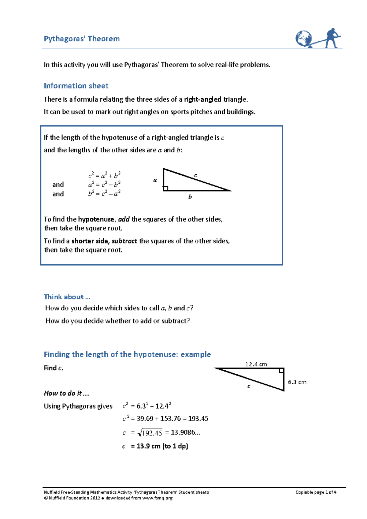 FSMA Pythagoras theorem student - Pythagoras’ Theorem Nuffield Free ...