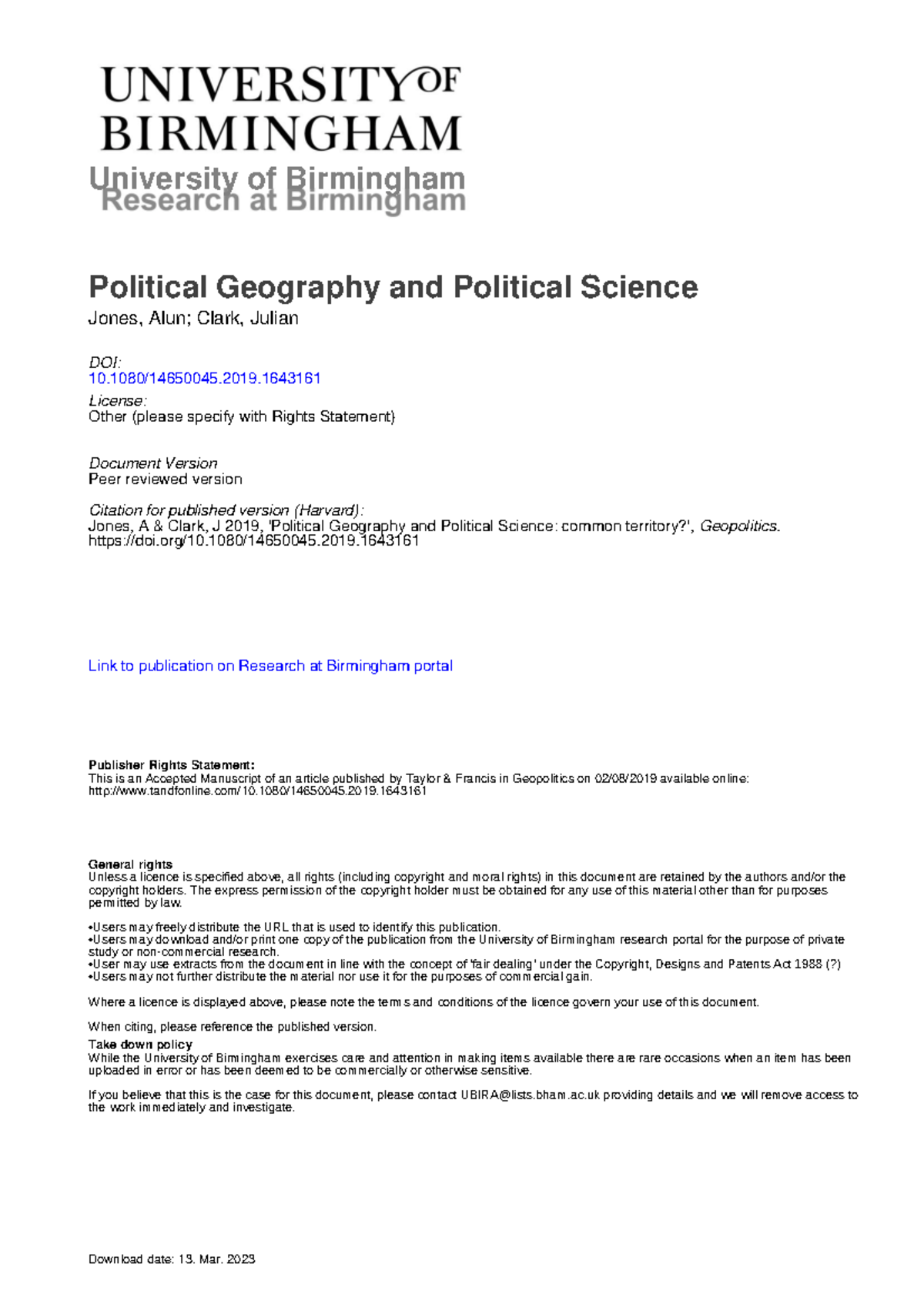 Political Geography and Political Scienc University of Birmingham Political Geography and
