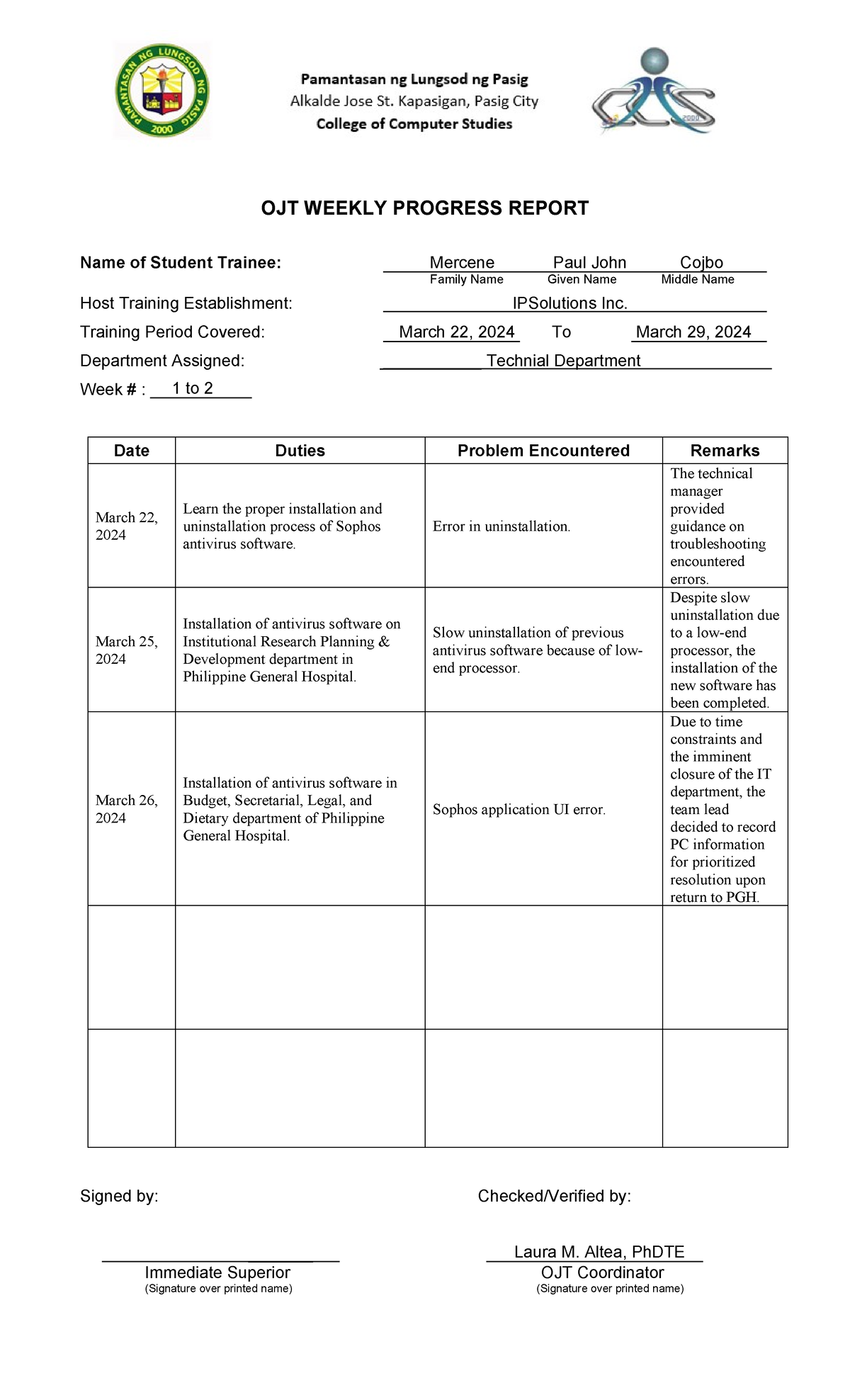 Weekly-progress-report - Ojt Weekly Progress Report Name Of Student 