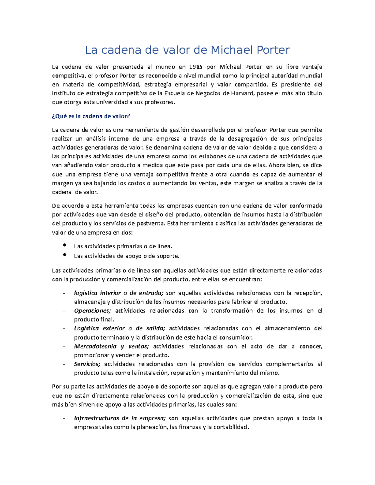Que es un modelo de negocios - La cadena de valor de Michael Porter La ...