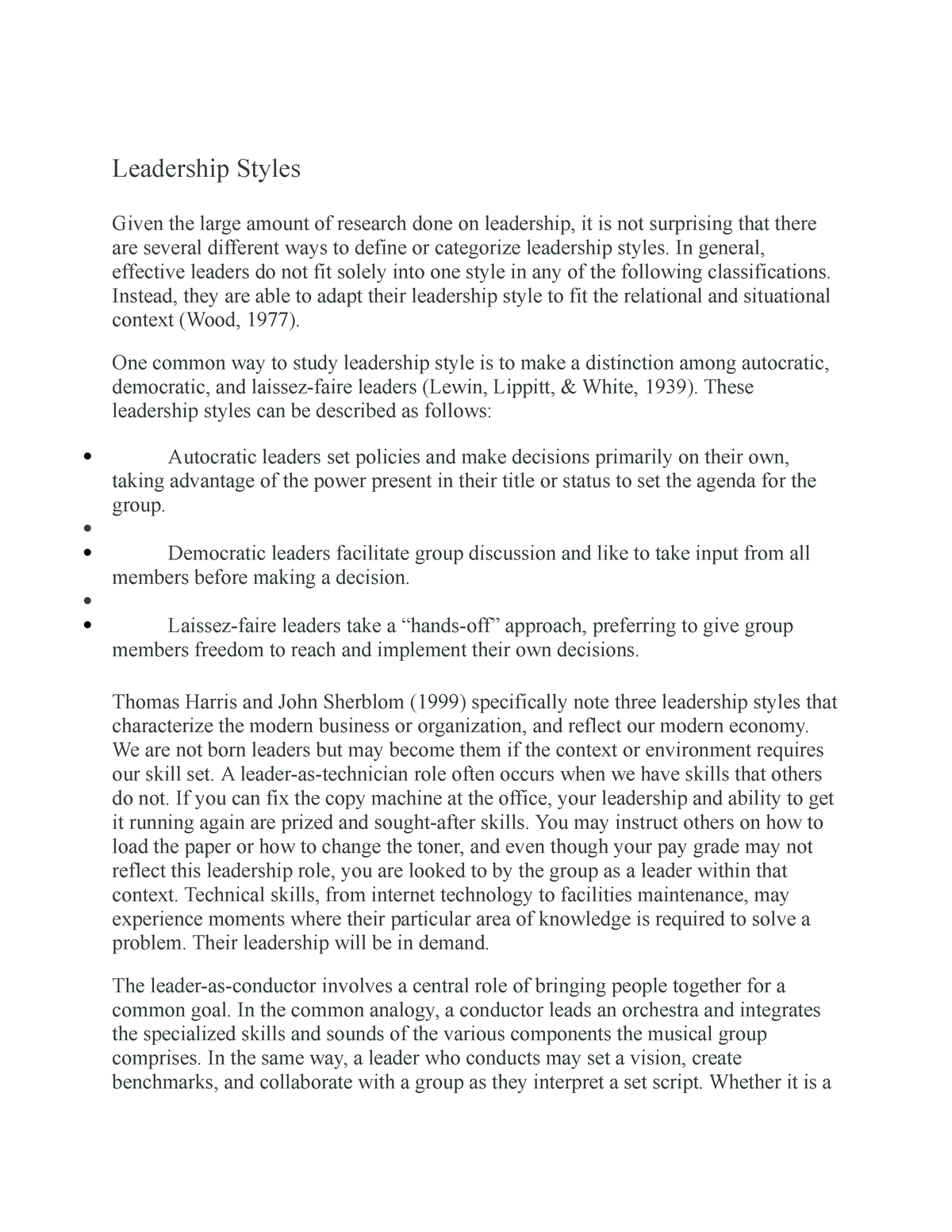 leadership styles in management research paper