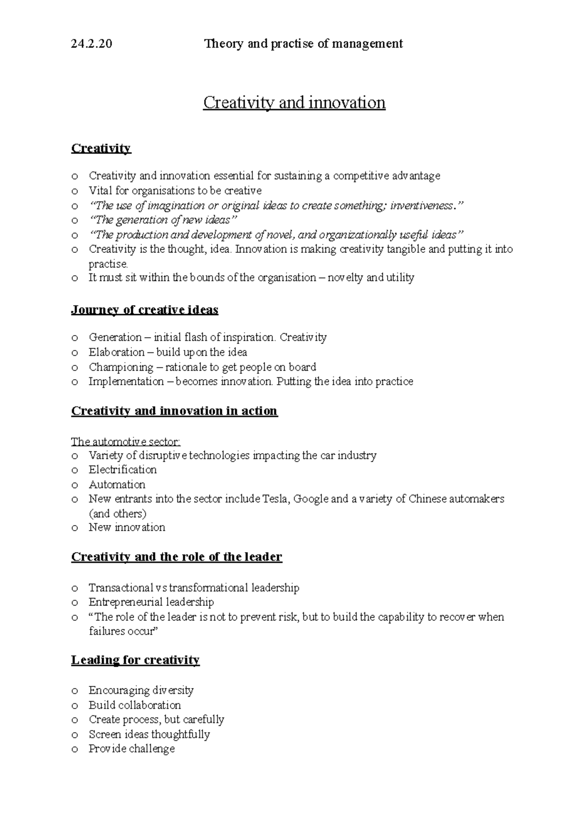 Creativity and innovation - 24.2 Theory and practise of management ...