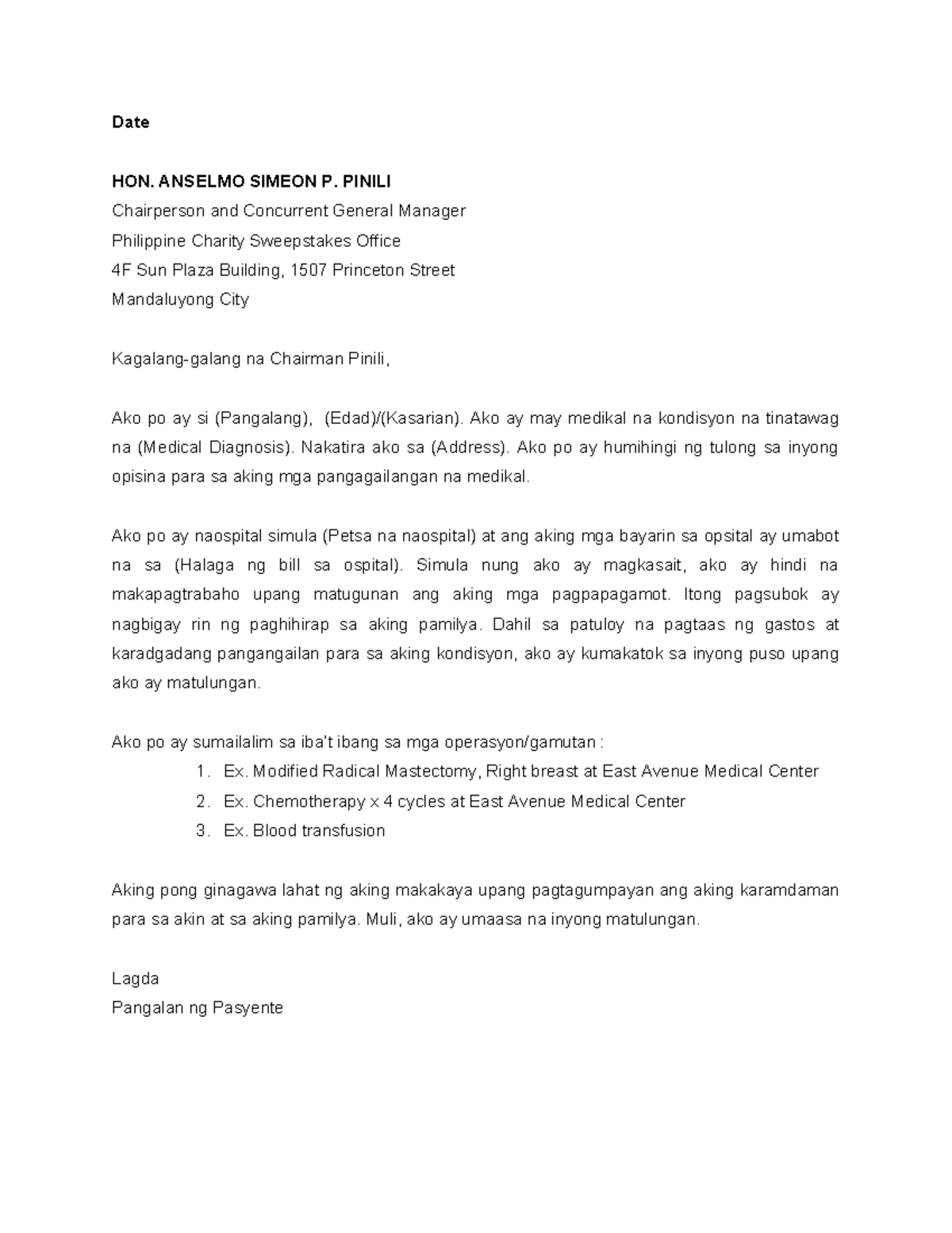 Sample Letter of Request Template for PCSO Medical Assistance Tagalog ...